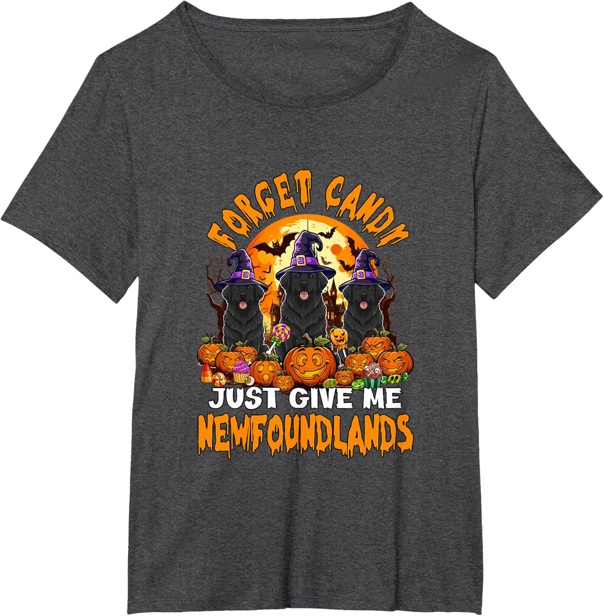 Forget Candy Give Me Newfoundlands Halloween Cosplay Witch T-Shirt - Dark Heather Grey