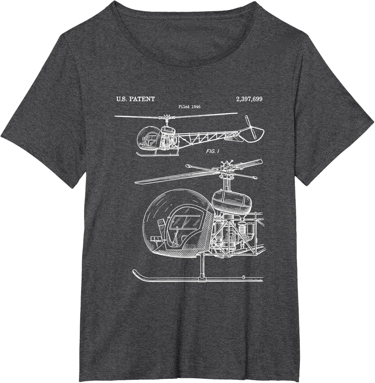 Vintage Helicopter Patent 1946 Bell 47 Pilot Blueprint T-Shirt - Dark Heather Grey
