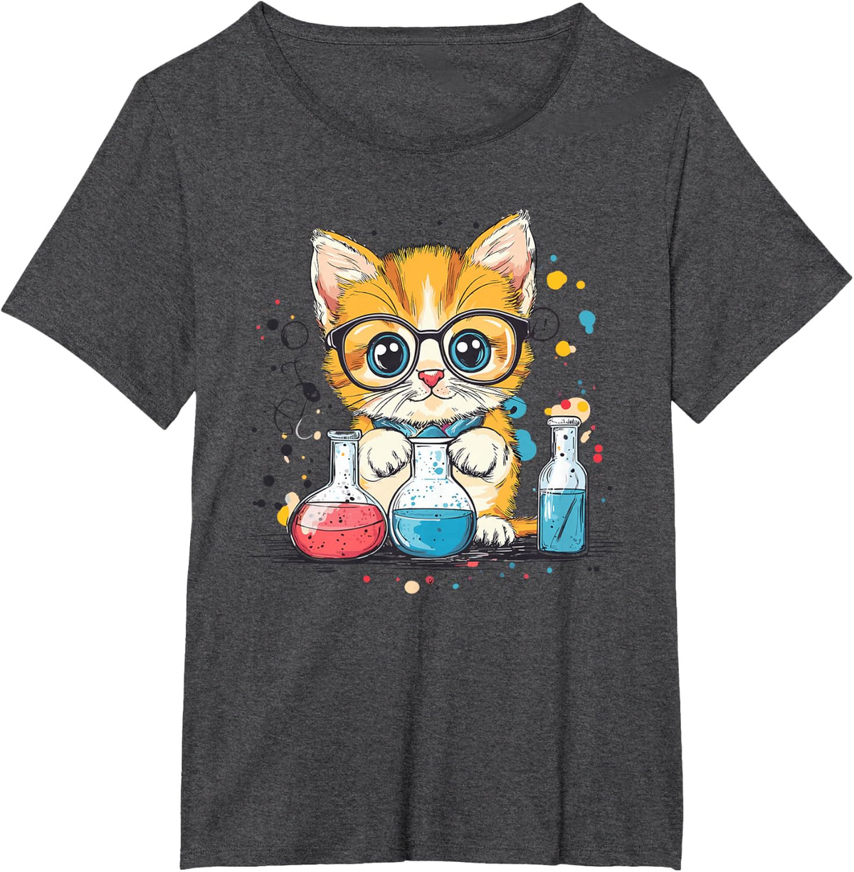 Adorable Cat With Glasses Chemist Kitten Science Fun T-Shirt - Dark Heather Grey