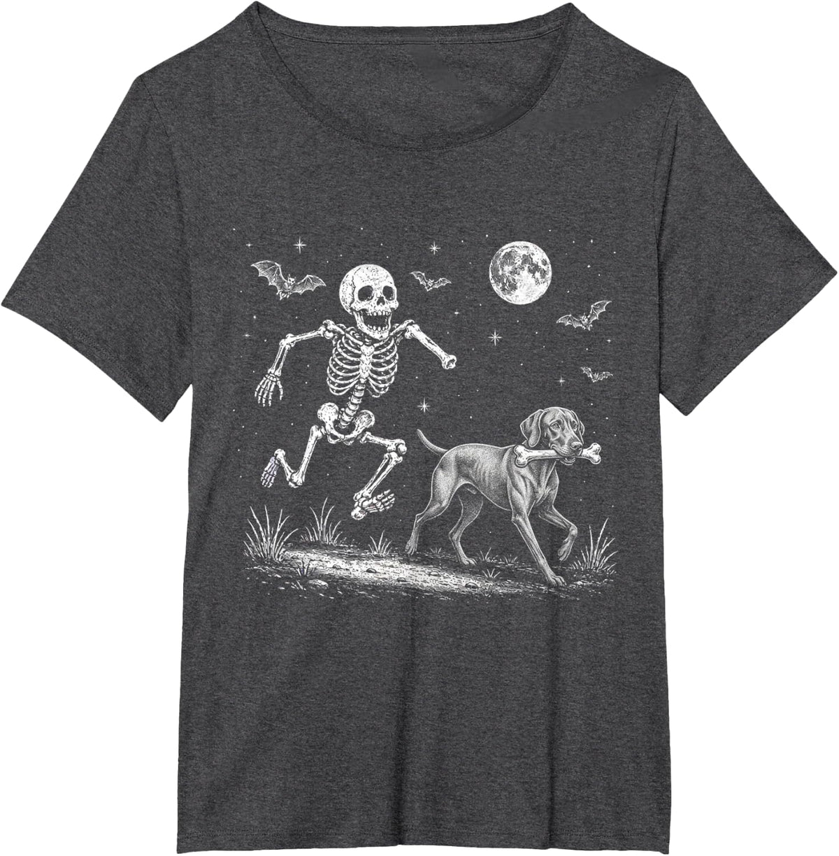 Funny Skeleton Chasing Vizsla Halloween Dog Mom Pet Lover T-Shirt - Dark Heather Grey