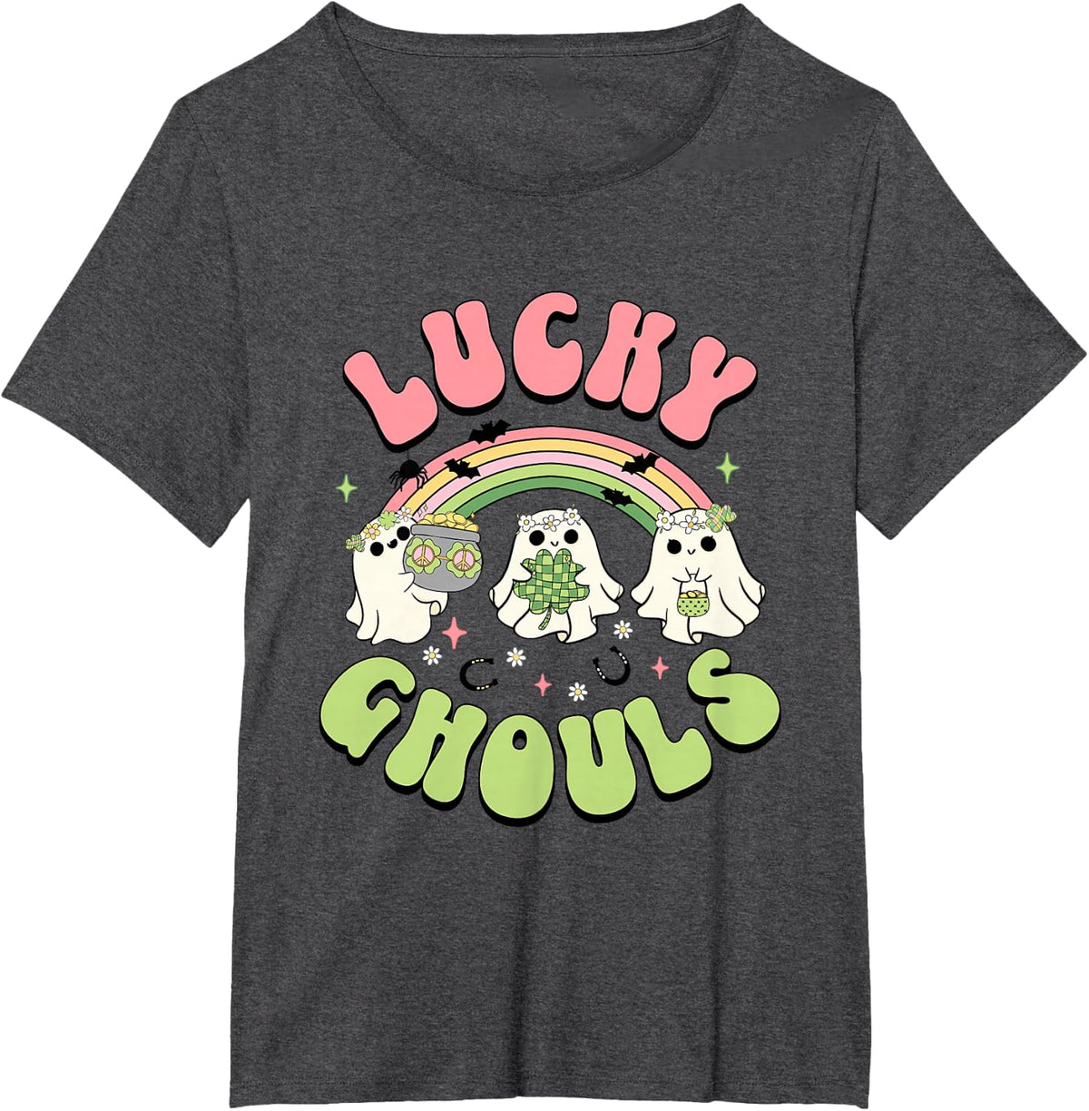 Lucky Ghouls St Patricks Day Spooky Ghost Charm T-Shirt - Dark Heather Grey