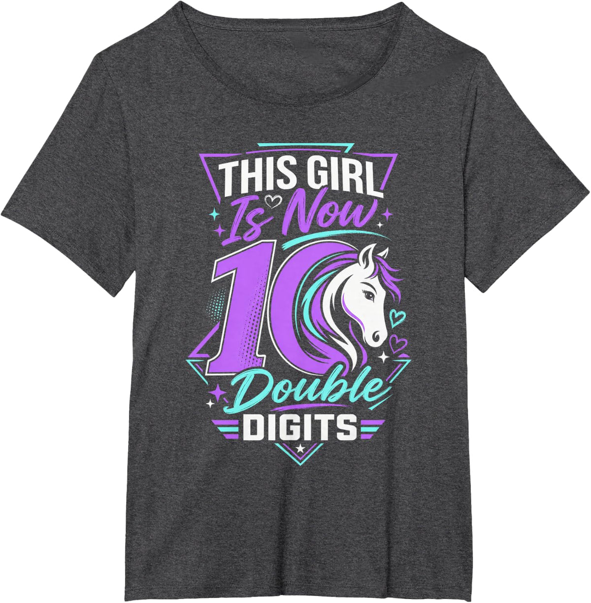 10th Birthday Girl Horse Lover Double Digits 10 Year Old T-Shirt - Dark Heather Grey