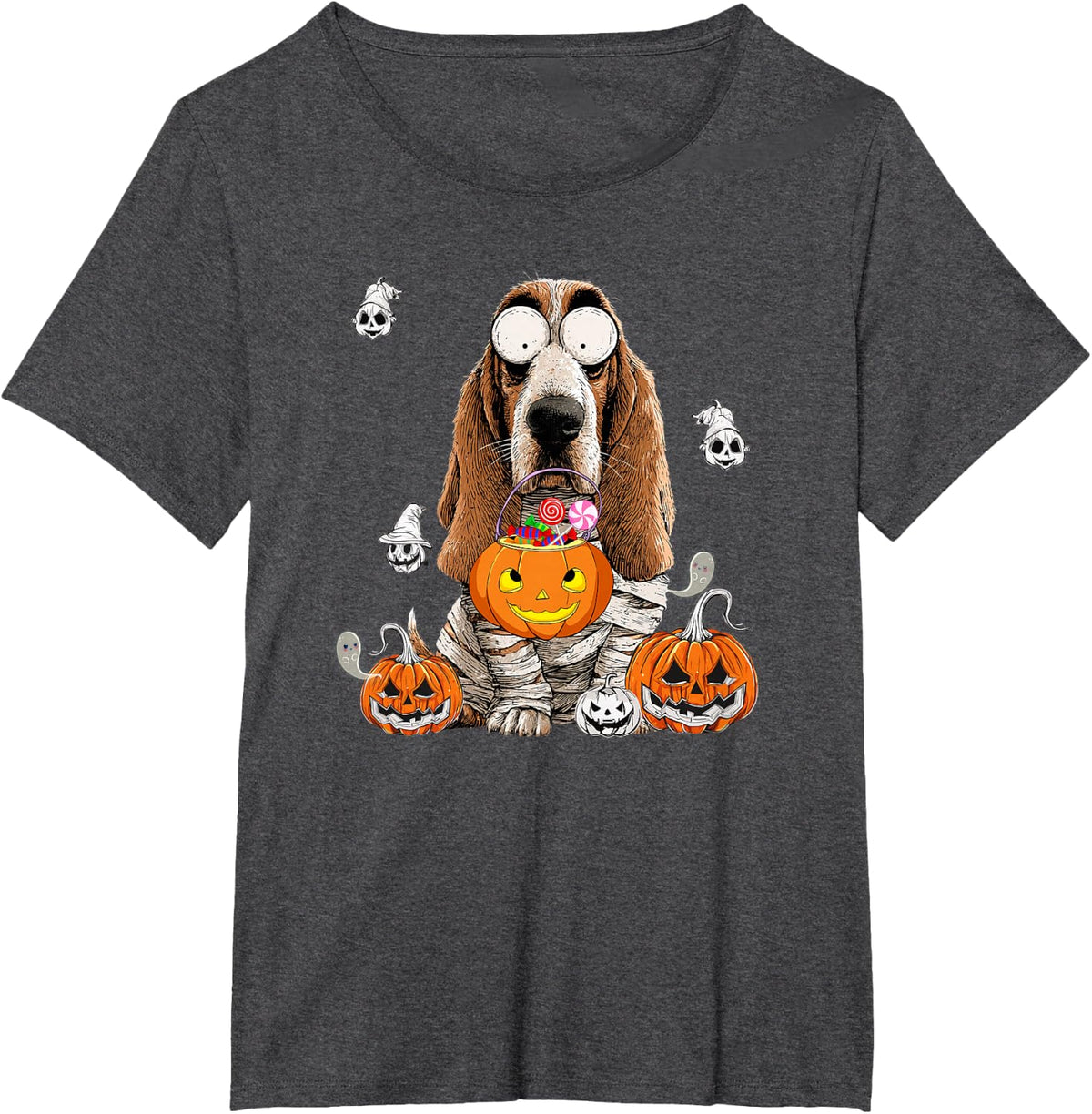 Cute Halloween Basset Hound Mummy Dog Lover Pumpkin T-Shirt - Dark Heather Grey