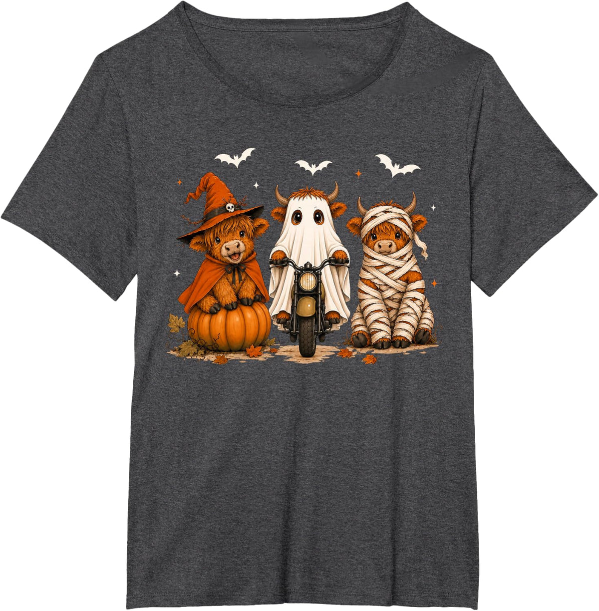 Highland Cow Witch Ghost Mummy Pumpkin Halloween Costume T-Shirt - Dark Heather Grey