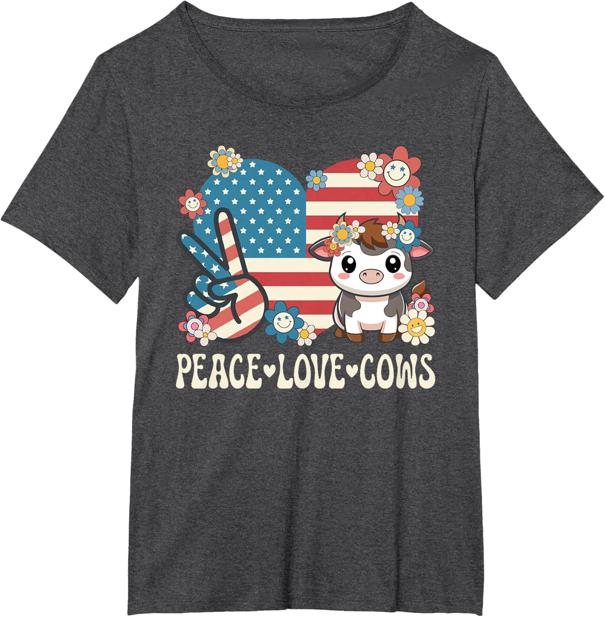 Peace Love Cows American Flag Patriotic Cow Lover Retro Cow T-Shirt - Dark Heather Grey