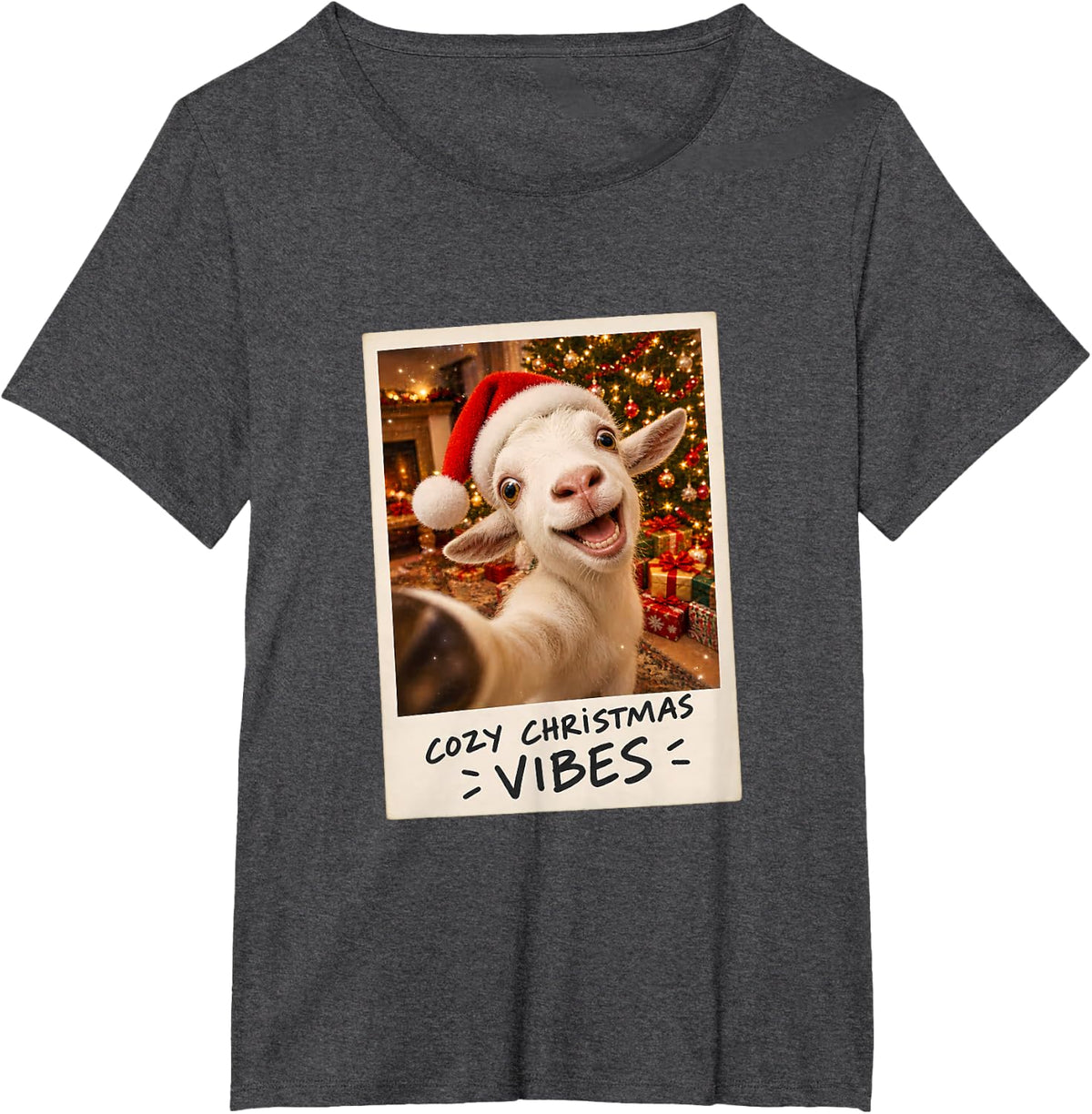 Cozy Christmas Vibes White Goat Selfie Holiday T-Shirt - Dark Heather Grey