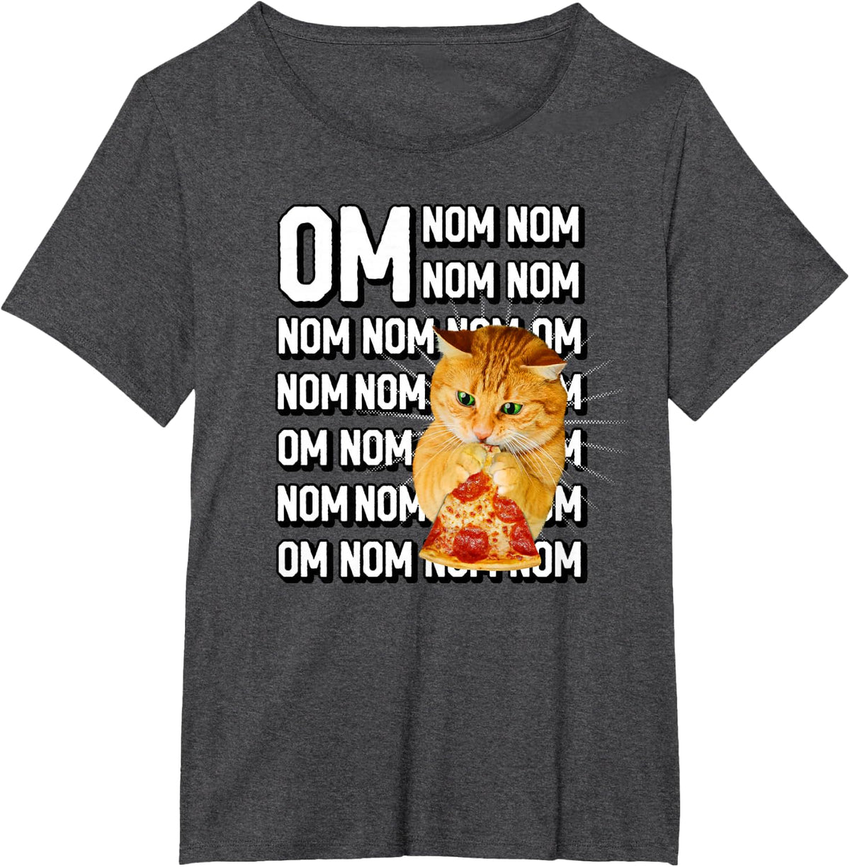 Funny Om Nom Nom Orange Cat Eating Pepperoni Pizza T-Shirt - Dark Heather Grey
