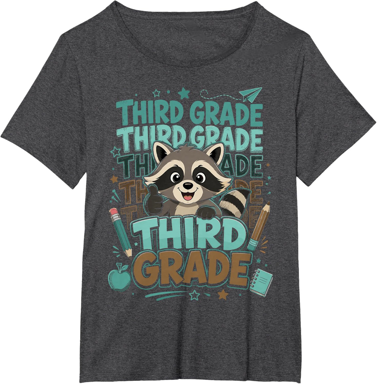 Third Grade Raccoon School Books T-Shirt - Dark Heather Grey