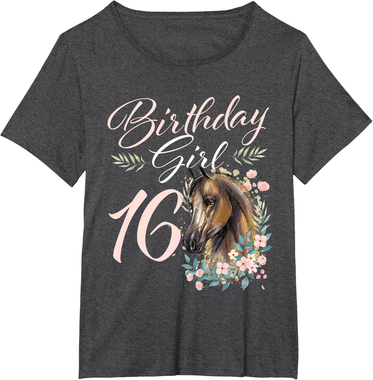 16th Birthday Girl Horse Lover 16 Years Old Bday T-Shirt - Dark Heather Grey