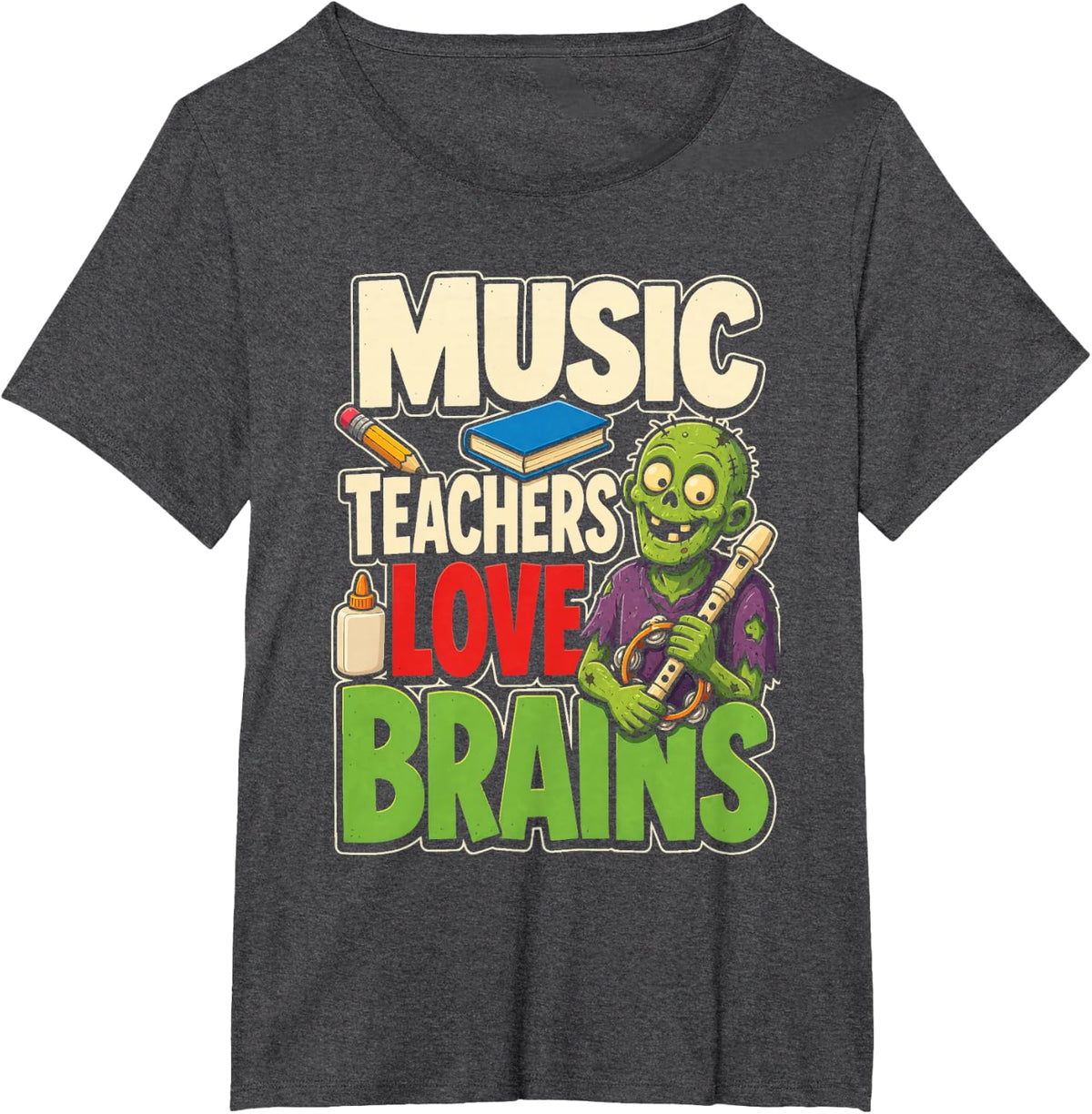 Music Teacher Love Brains Zombie Elementary Recorder Gift T-Shirt - Dark Heather Grey