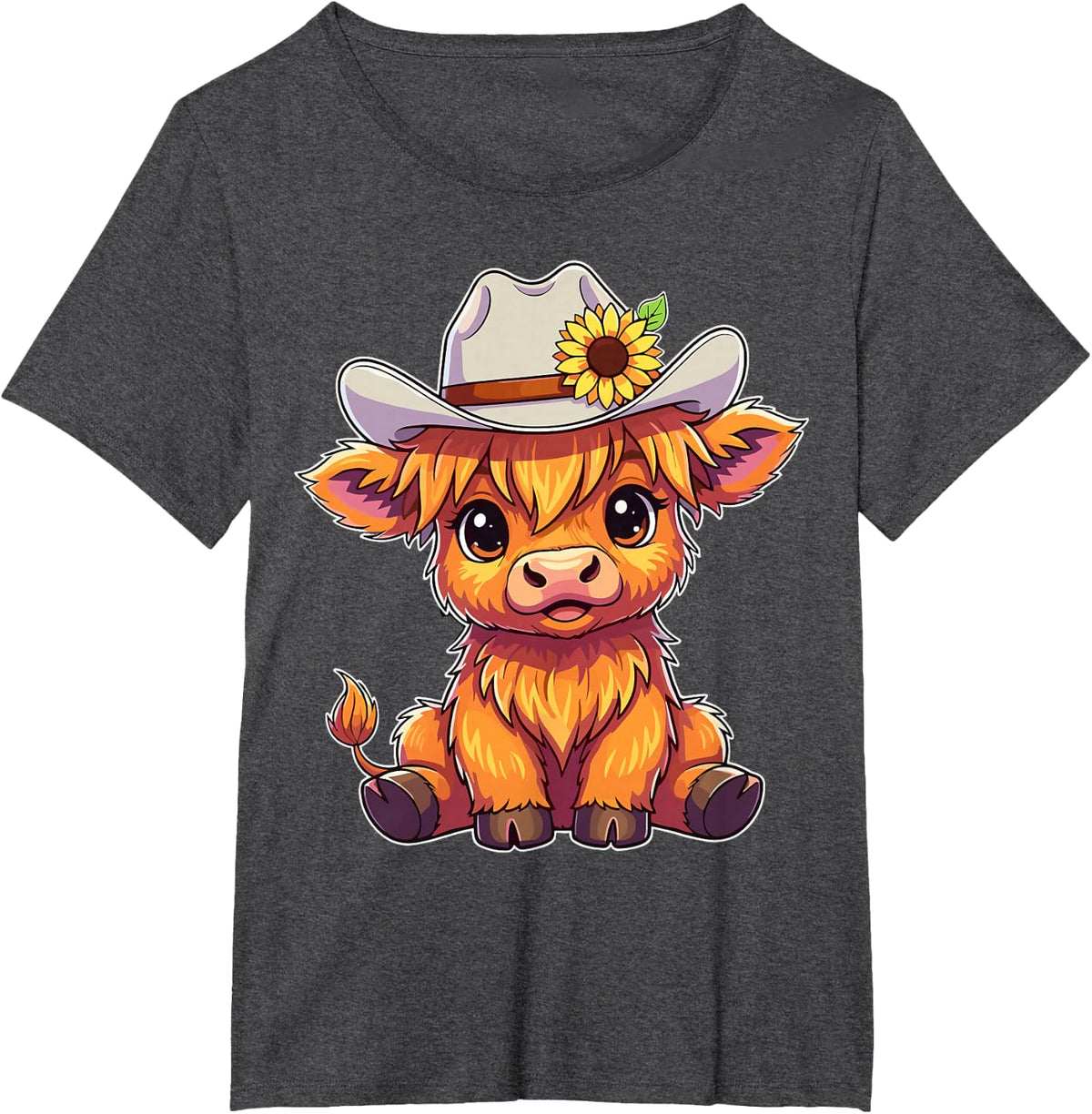 Cute Highland Cow Cowboy Hat Sunflower Western Tee T-Shirt - Dark Heather Grey