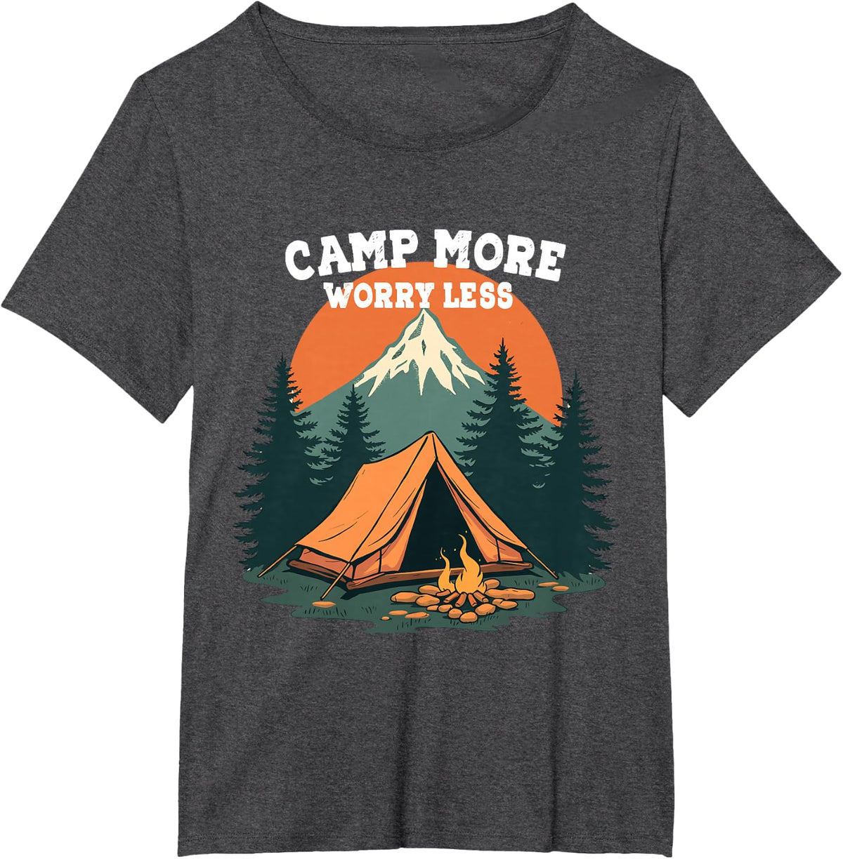 Camp More Worry Less Camping-themed Retro Design T-Shirt - Dark Heather Grey