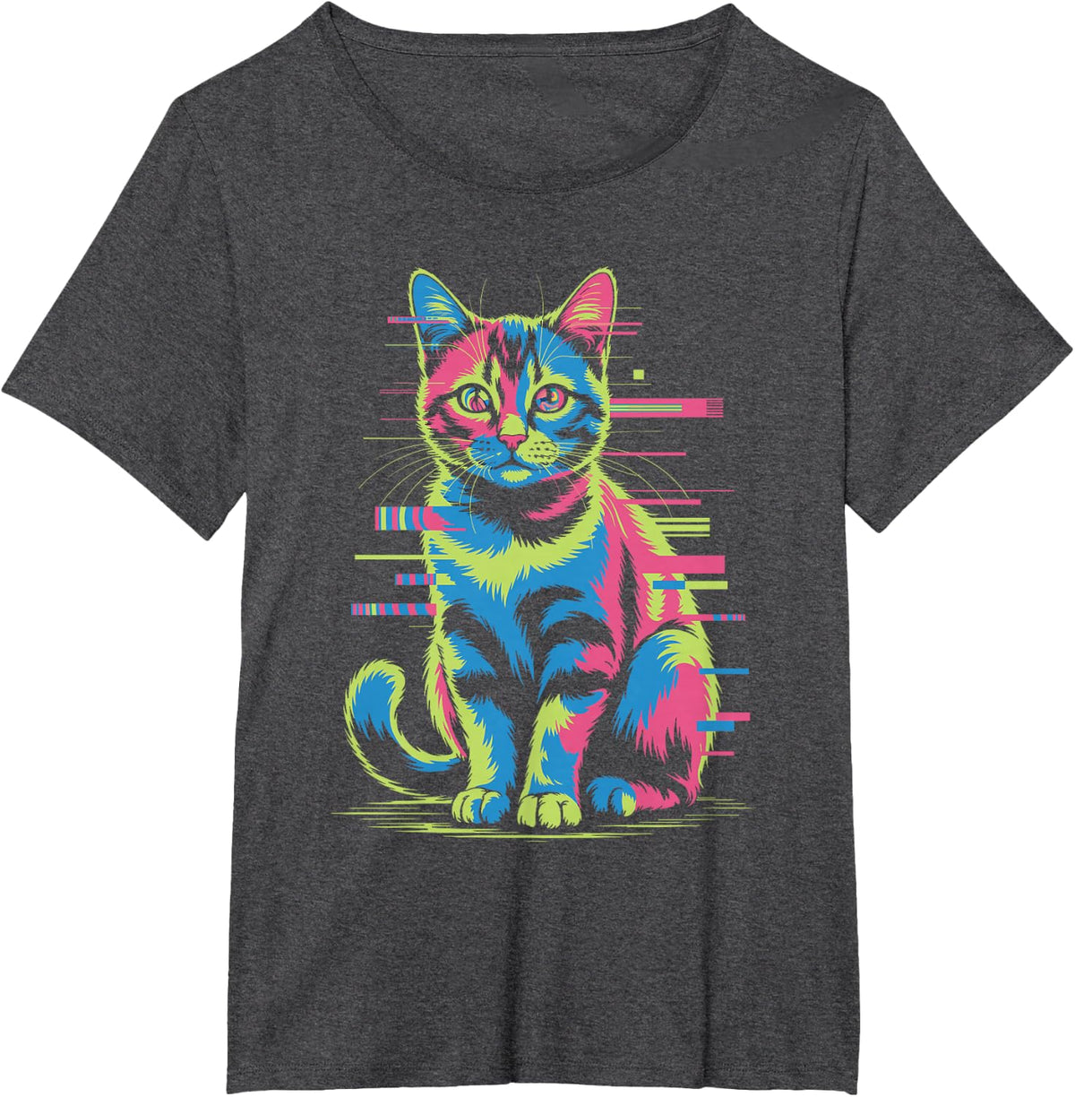 Cyber Cat Glitch Aesthetic T-Shirt - Dark Heather Grey