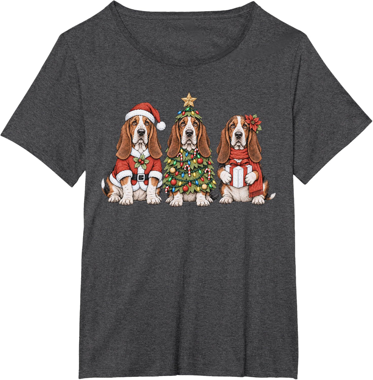 Basset Hound Dog Christmas Tree Santa Hat Dog Lover T-Shirt - Dark Heather Grey