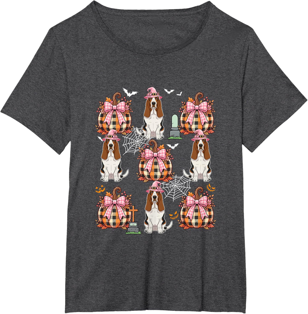 Basset Hound As Witch Pumpkin Bow Tie Collection Halloween T-Shirt - Dark Heather Grey