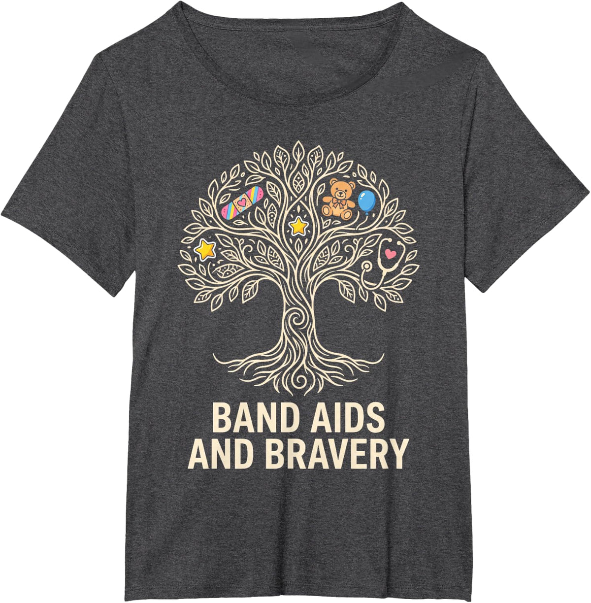 Band Aids and Bravery Pediatric Nurse Roots T-Shirt - Dark Heather Grey
