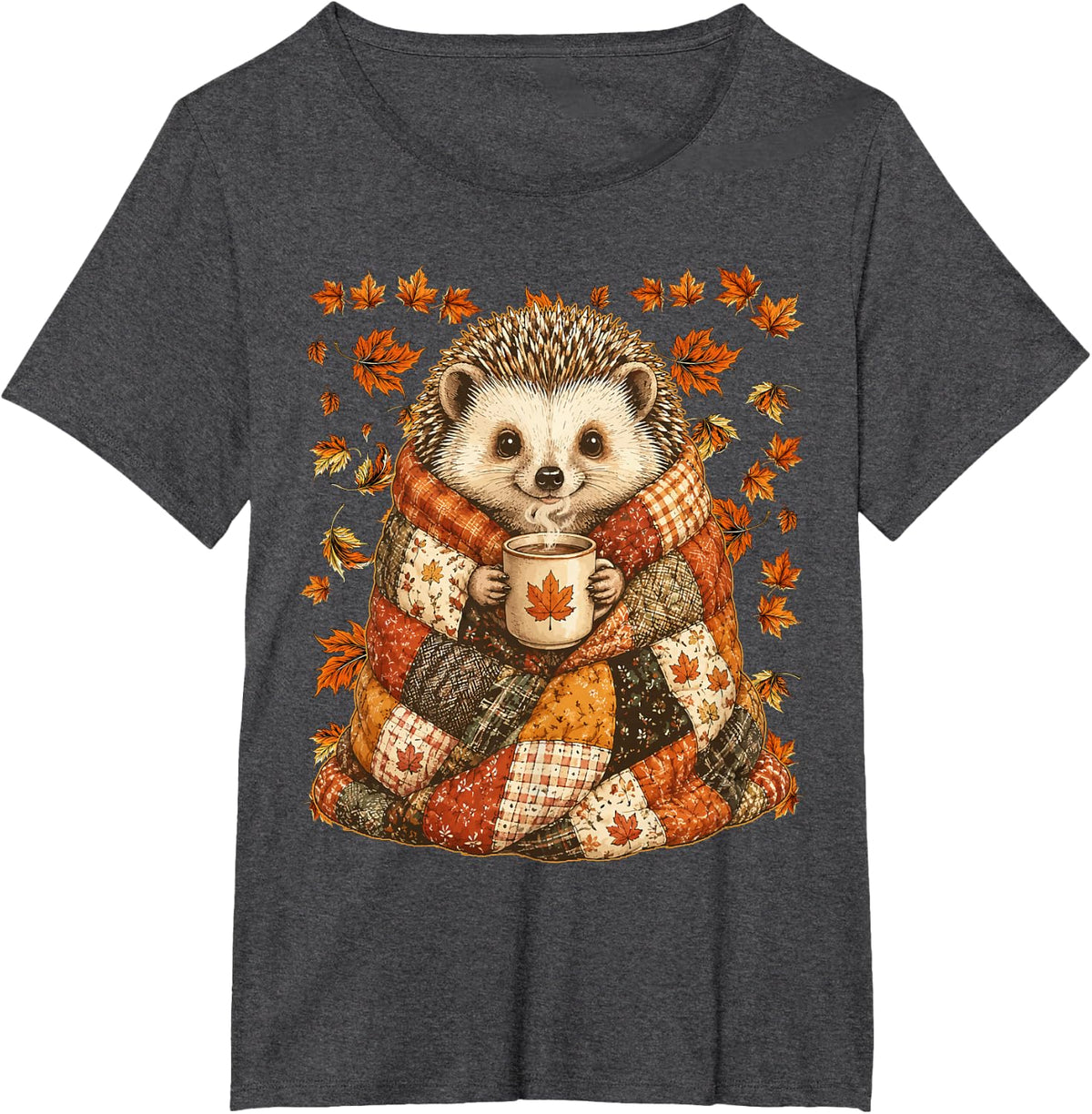 Cute Hedgehog with Maple Leaves Cozy Autumn Animal Fall Art T-Shirt - Dark Heather Grey
