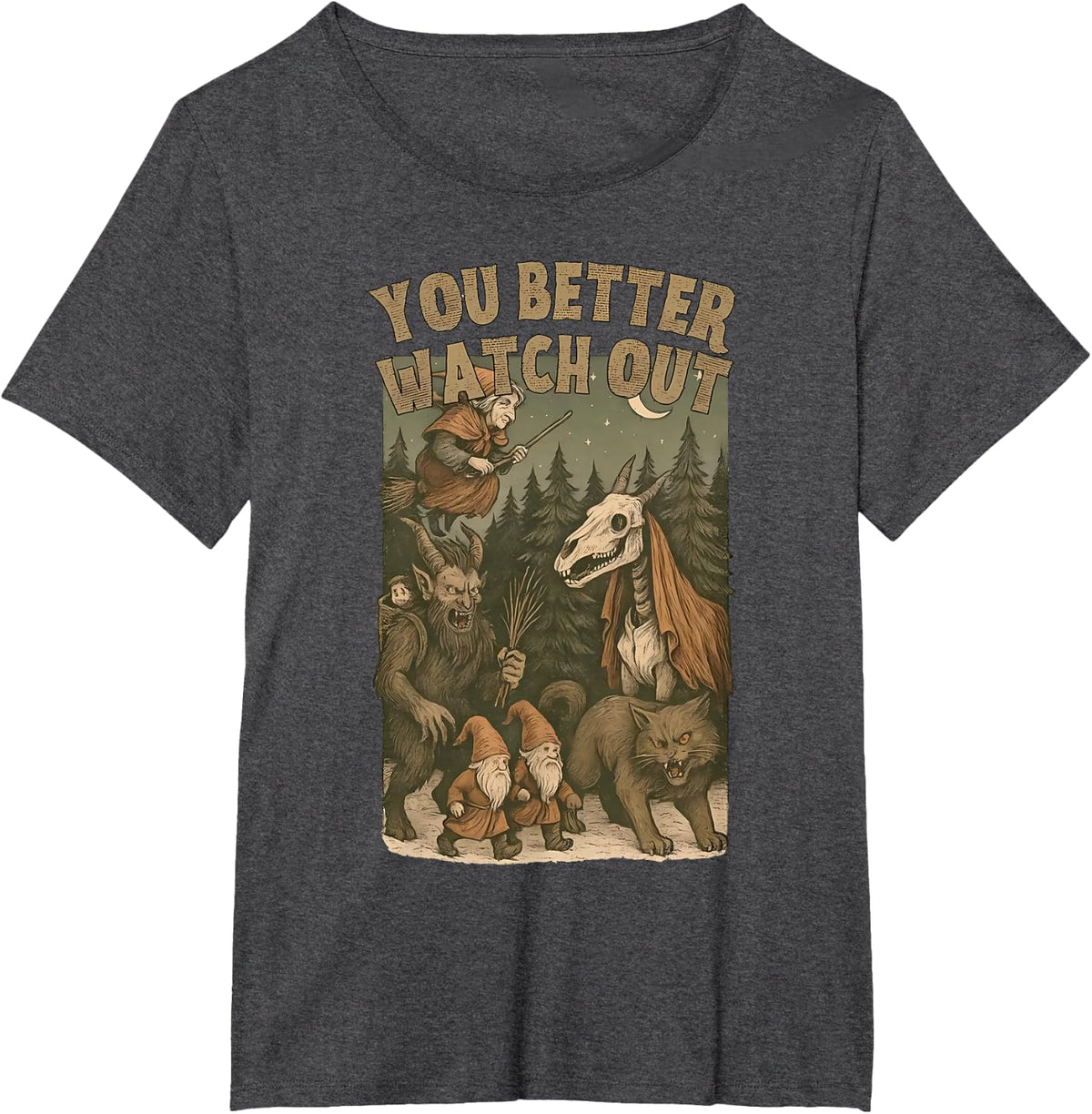Krampus Dark Christmas Horror Vintage You Better Watch Out T-Shirt - Dark Heather Grey