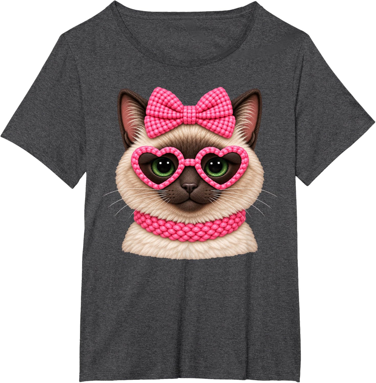 Siamese Cat Pink Bow Heart Sunglasses Cute Feline Love T-Shirt - Dark Heather Grey