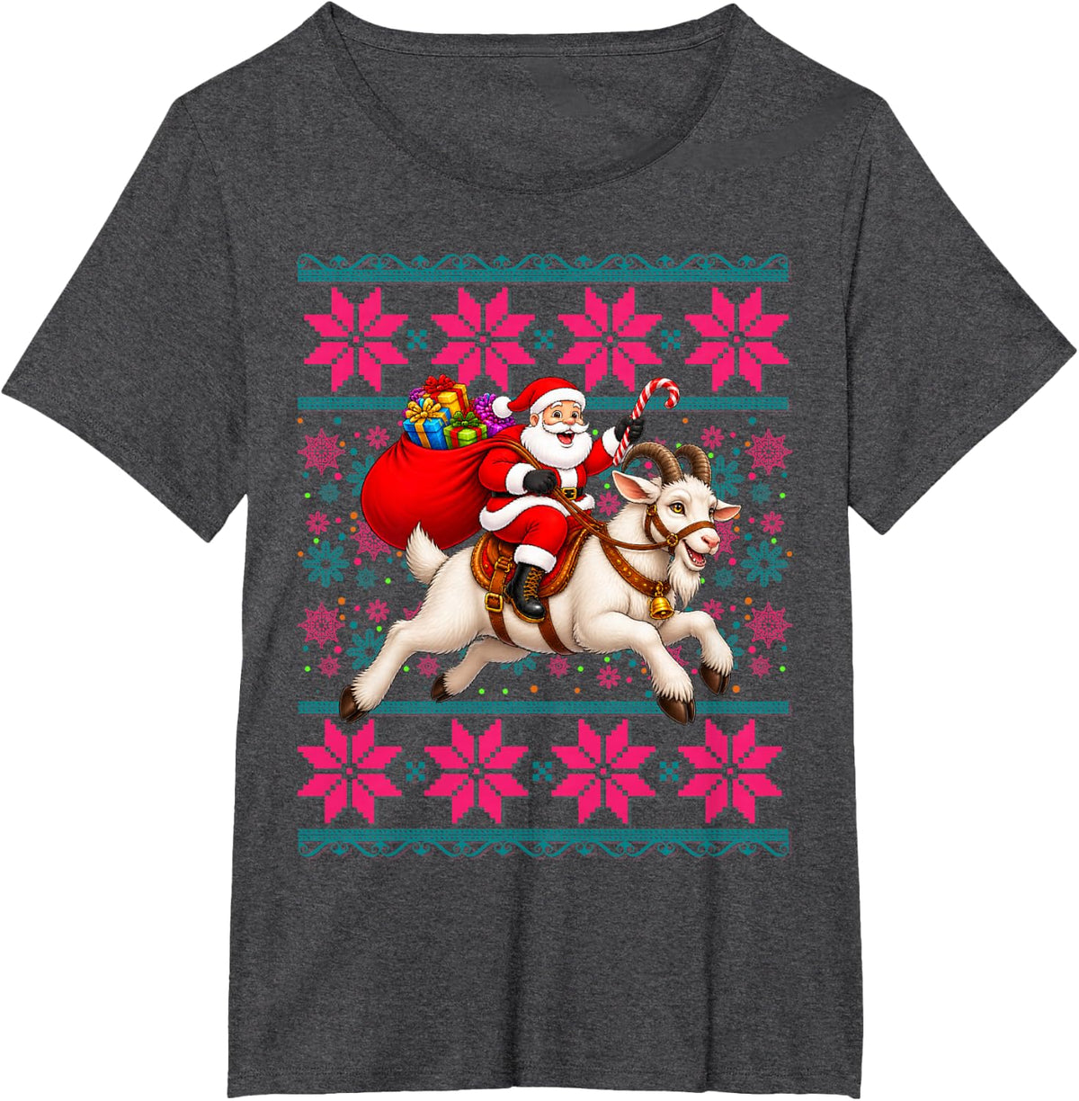 Ugly Christmas Pajama Santa Riding Goat Xmas Women Boy Girls T-Shirt - Dark Heather Grey