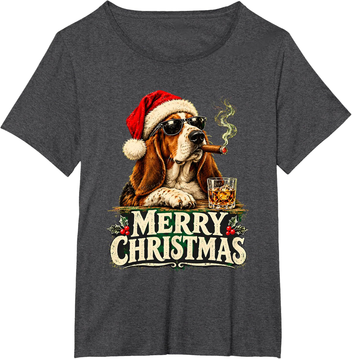 Basset Hound Smoking Cigars Drinking Whisky Merry Christmas T-Shirt - Dark Heather Grey