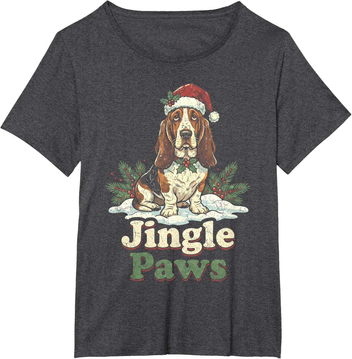 Jingle Paws Basset Hound Festive Christmas T-Shirt - Dark Heather Grey