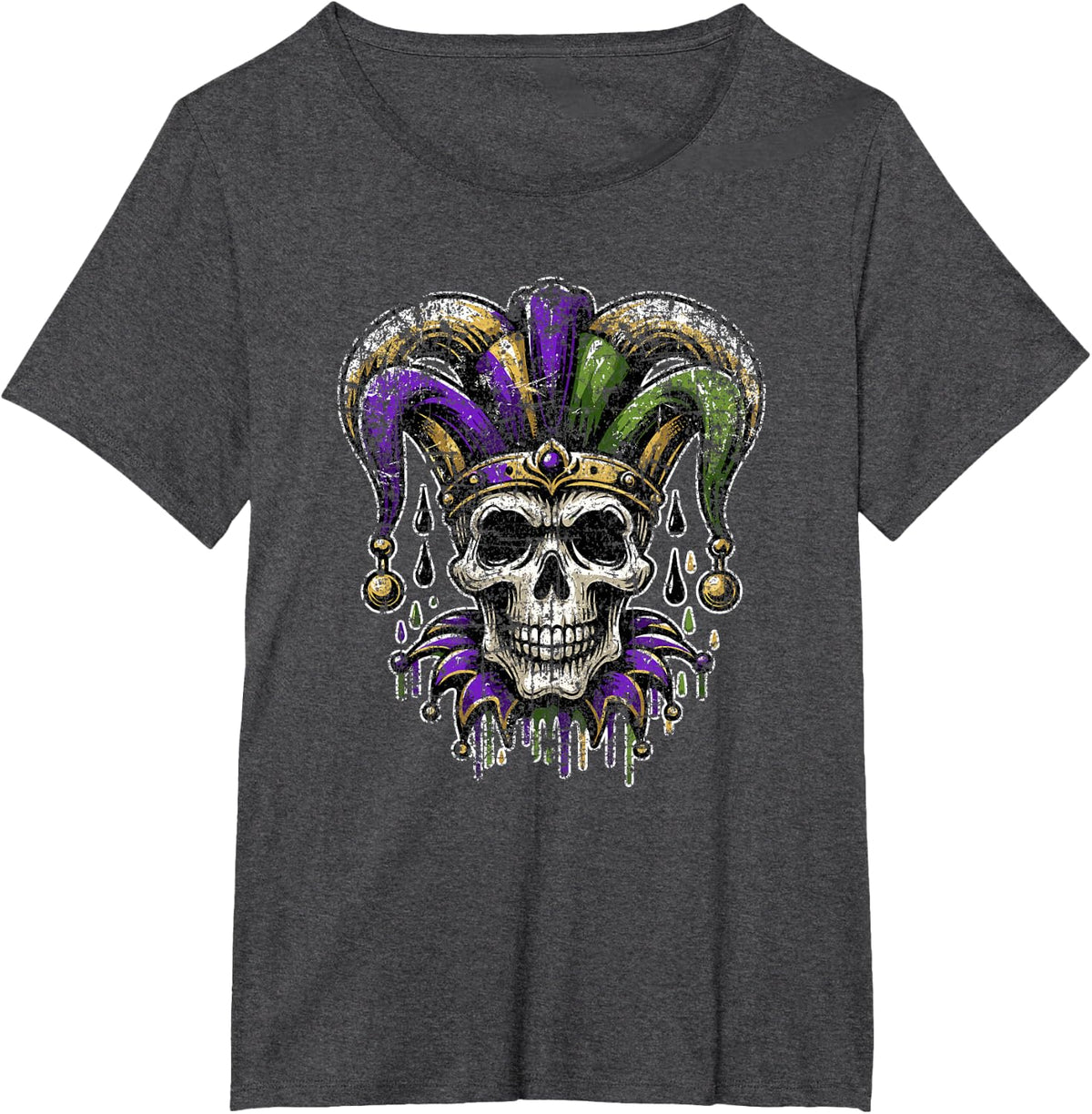 Vintage Retro Mardi Gras Jester Skull NOLA New Orleans T-Shirt - Dark Heather Grey