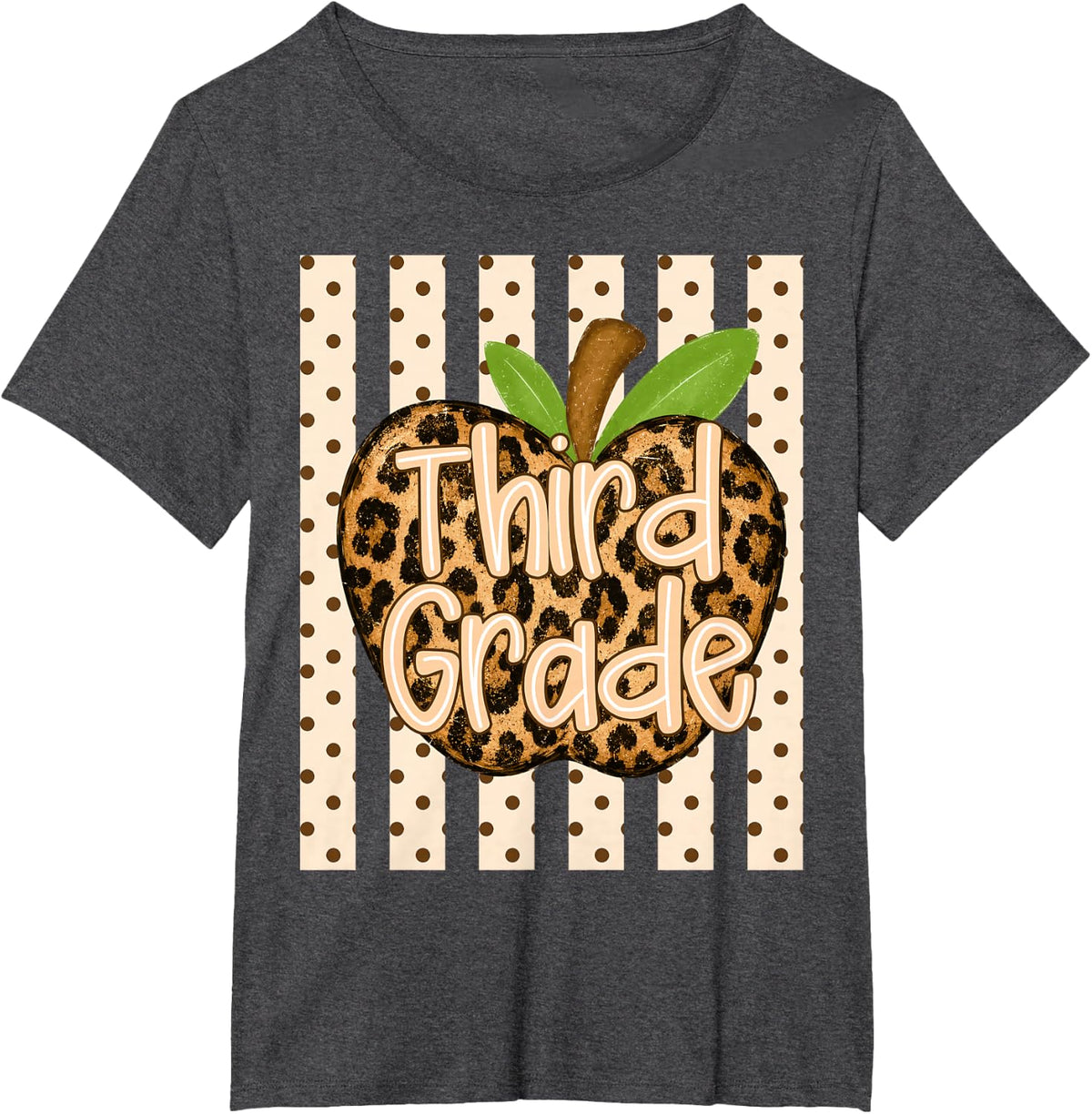 Preppy Leopard Apple Third Grade Back to School Girl Kids T-Shirt - Dark Heather Grey
