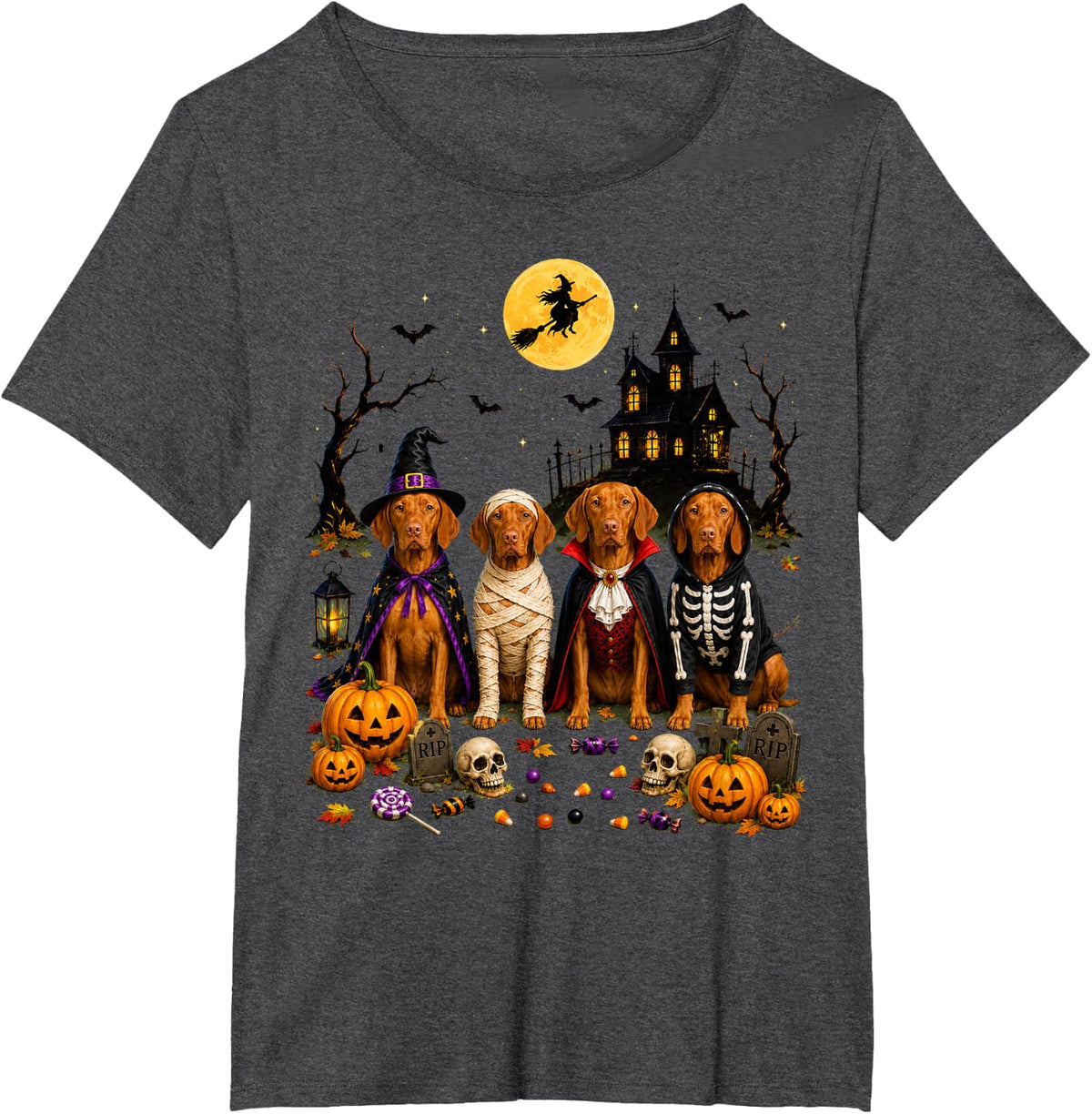 Dog Ghost Cute Vizsla Dressed As Ghost Funny Halloween T-Shirt - Dark Heather Grey