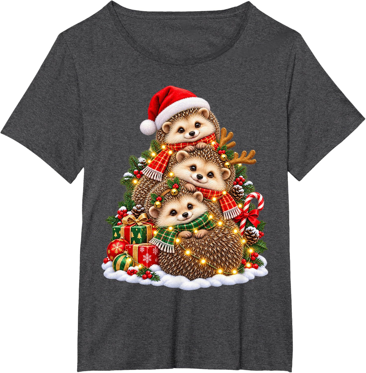 Festive Hedgehog Holiday Animal Lover Graphic T-Shirt - Dark Heather Grey