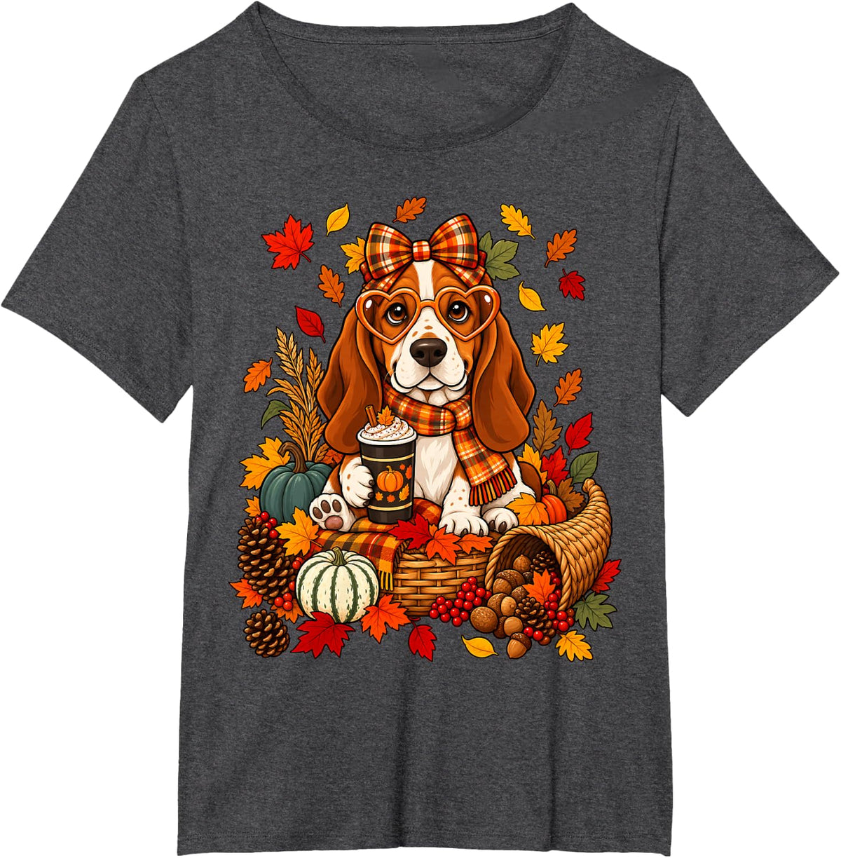 Coquette Bow Basset Hound Dog Pumpkin Spice Thanksgiving T-Shirt - Dark Heather Grey