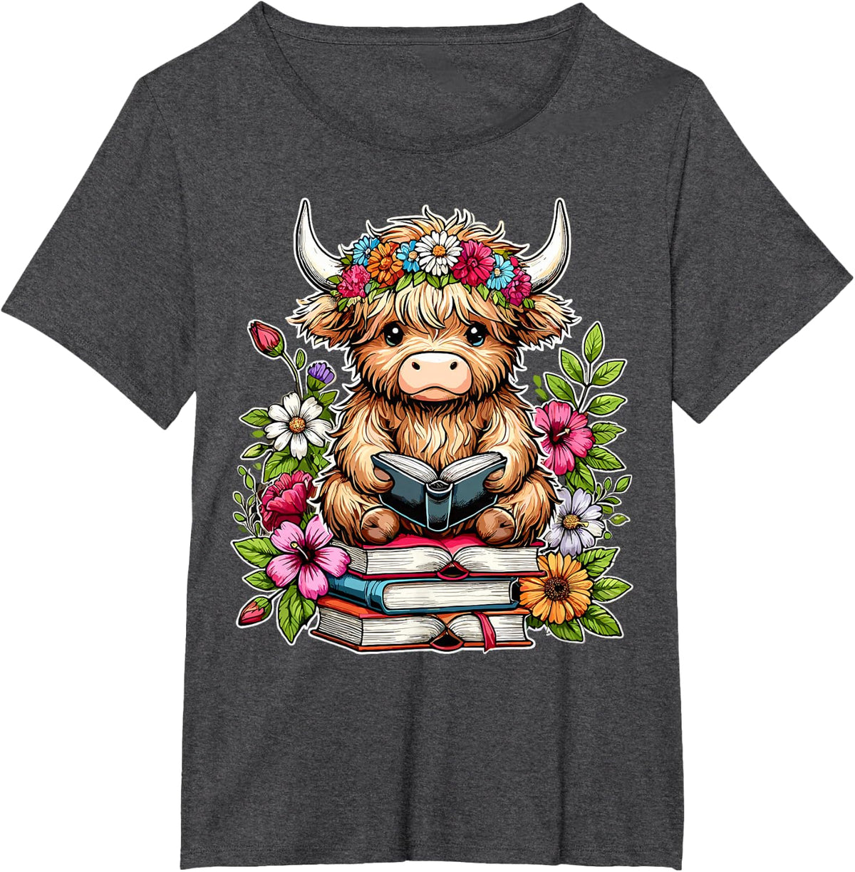 Bookworm Cute Baby Highland Cow Reading Book T-Shirt - Dark Heather Grey