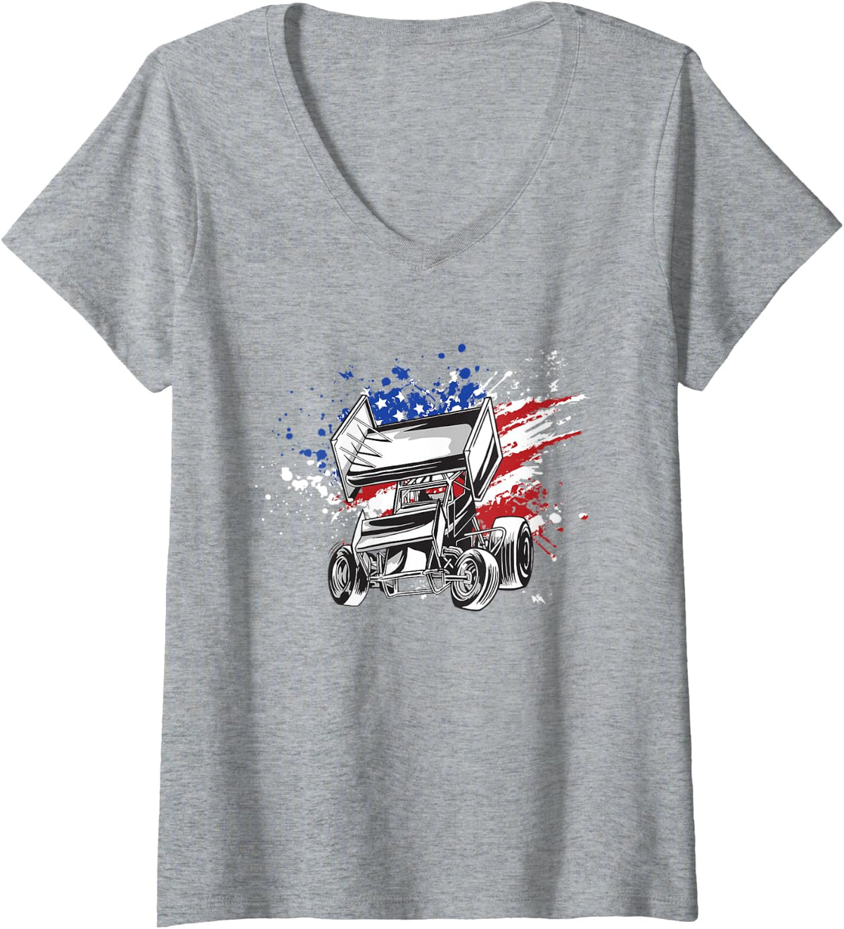 Womens Sprint Car Racing USA Flag V-Neck T-Shirt - Heather Grey