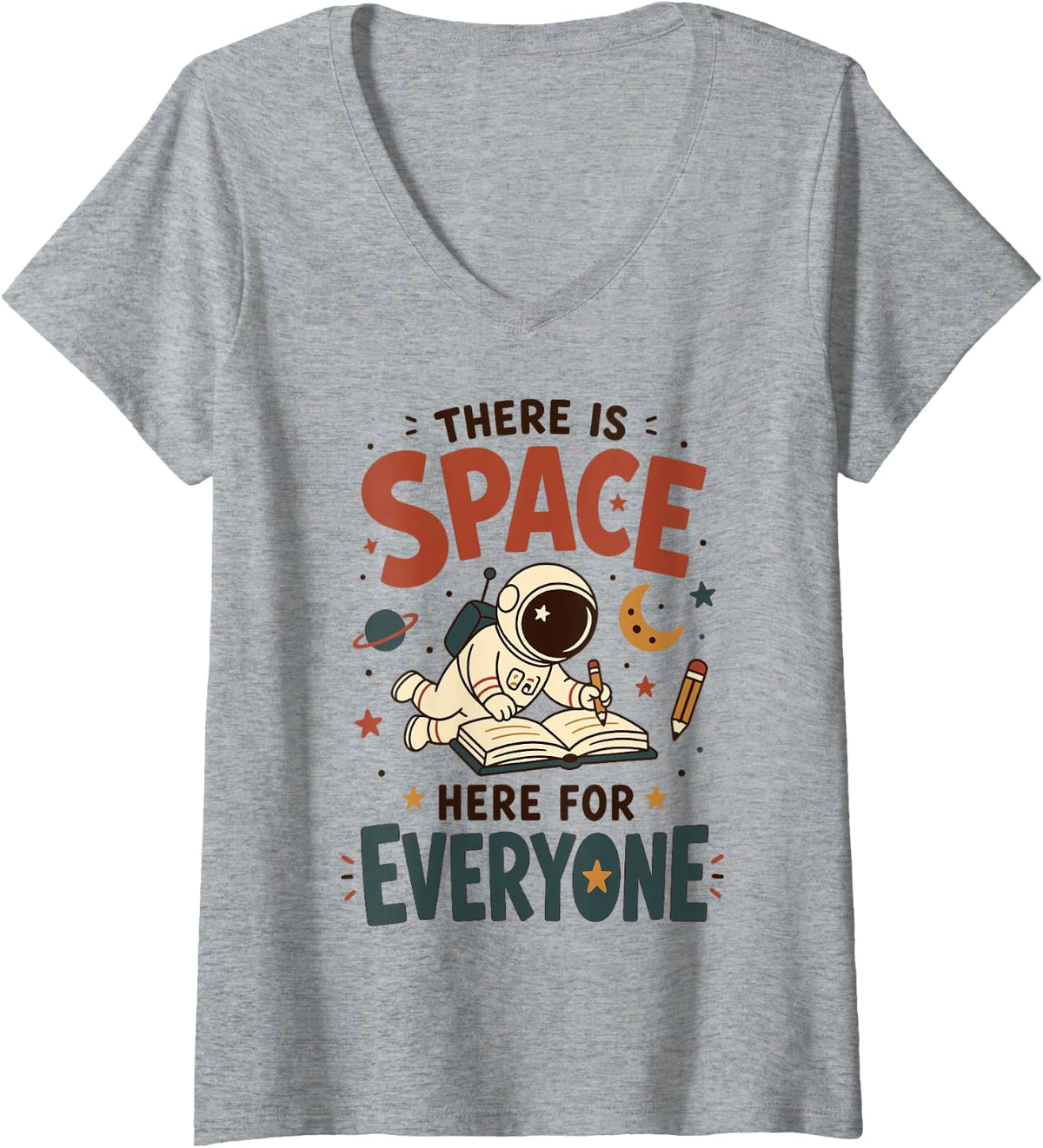 Women's Space Reading Astronaut Teacher Librarian Classroom V-Neck T-Shirt - Heather Grey