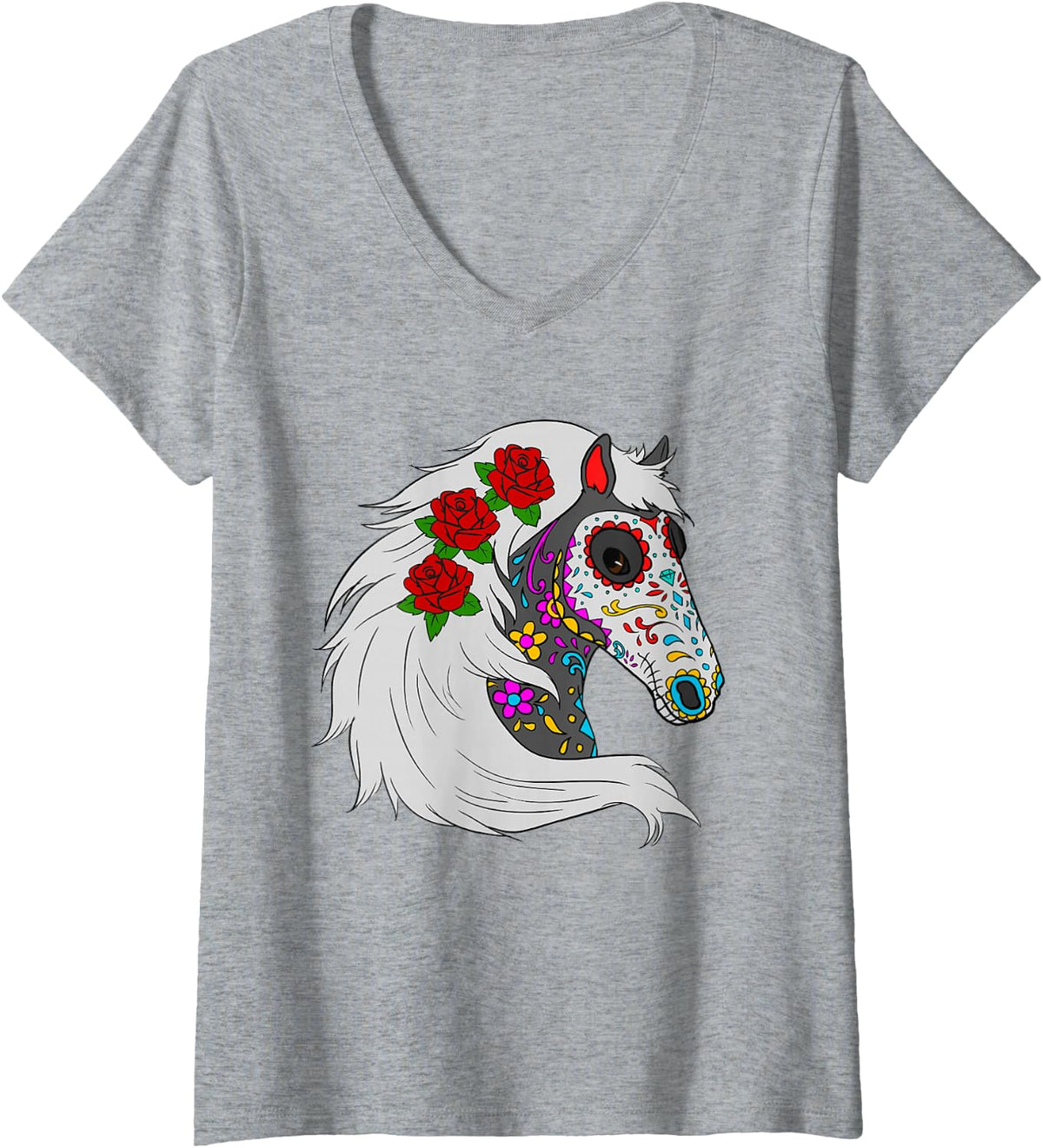Womens Day Of Dead Horse Mexican Roses Lover Horse Sugar Skull V-Neck T-Shirt - Heather Grey