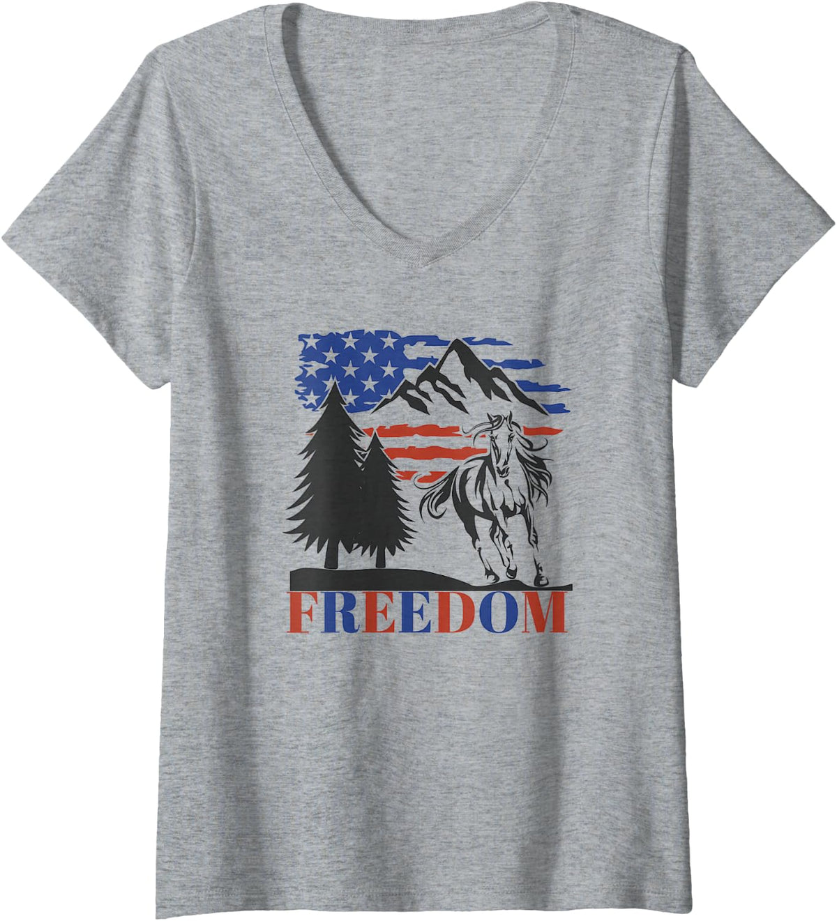 Womens Patriotic American Flag Freedom Horse Mountains V-Neck T-Shirt - Heather Grey