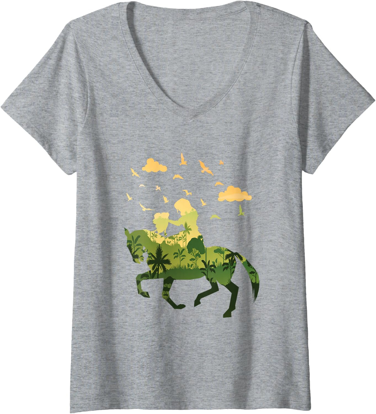 Women's Women Riding Horse Silhoutte V-Neck T-Shirt - Heather Grey