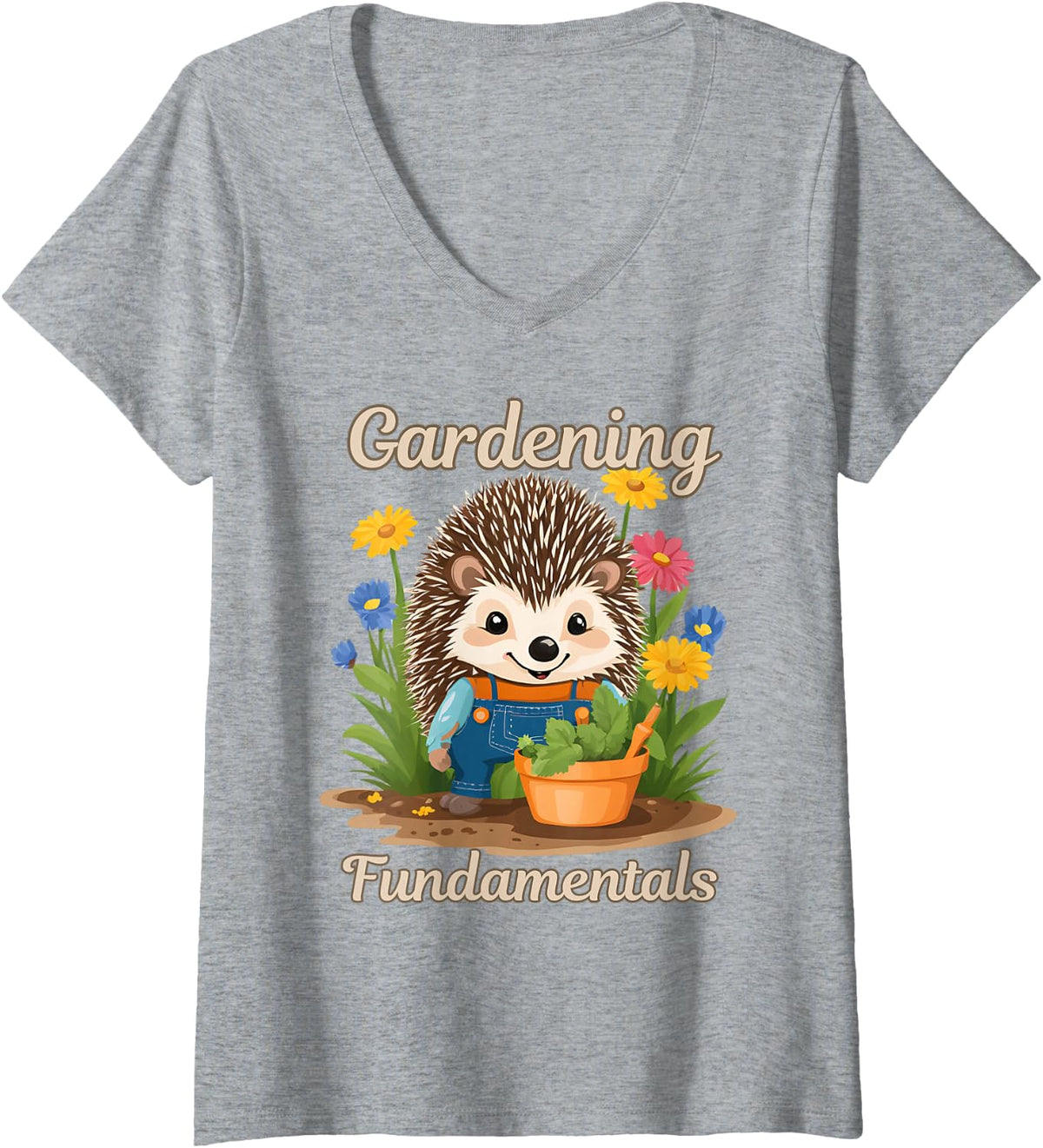 Women's Funny Cute Gardening Hedgehog V-Neck T-Shirt - Heather Grey