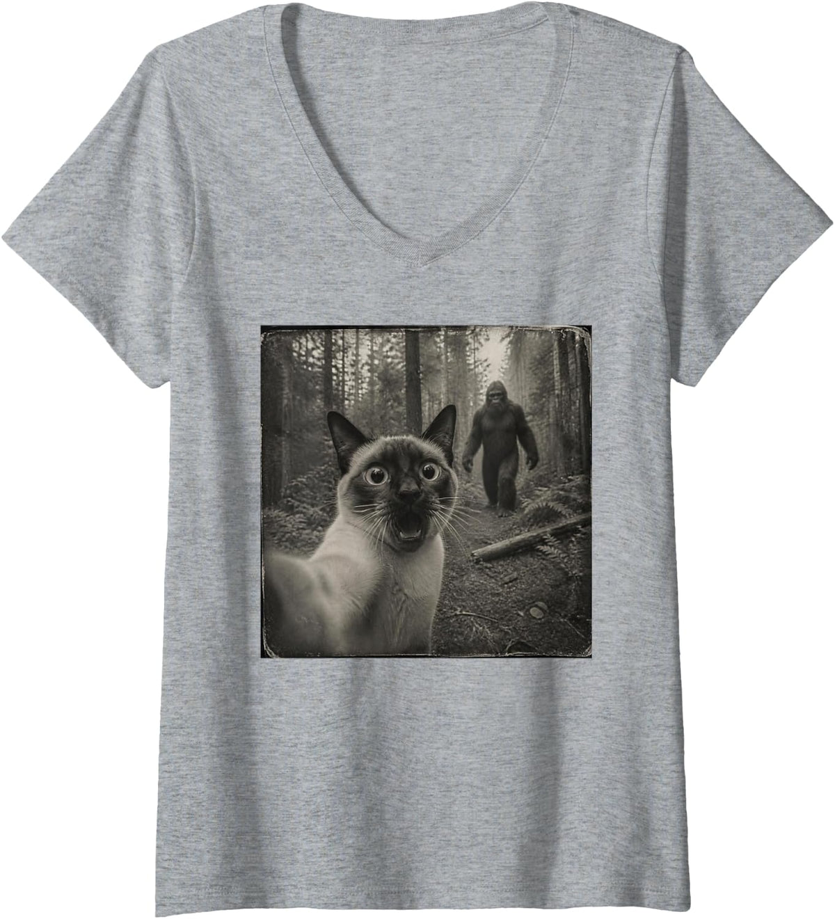 Women's Funny Bigfoot Siamese Cat V-Neck T-Shirt - Heather Grey