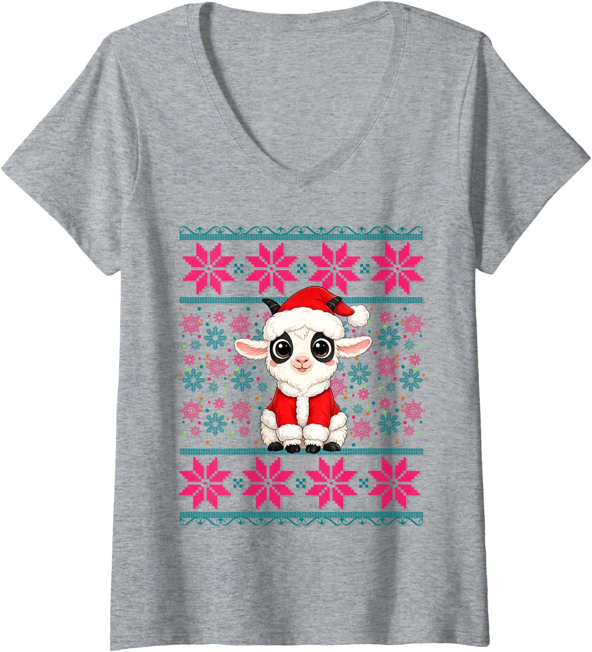 Women's Cute Goat Wearing Santa Hat Ugly Christmas Pajama Girls V-Neck T-Shirt - Heather Grey