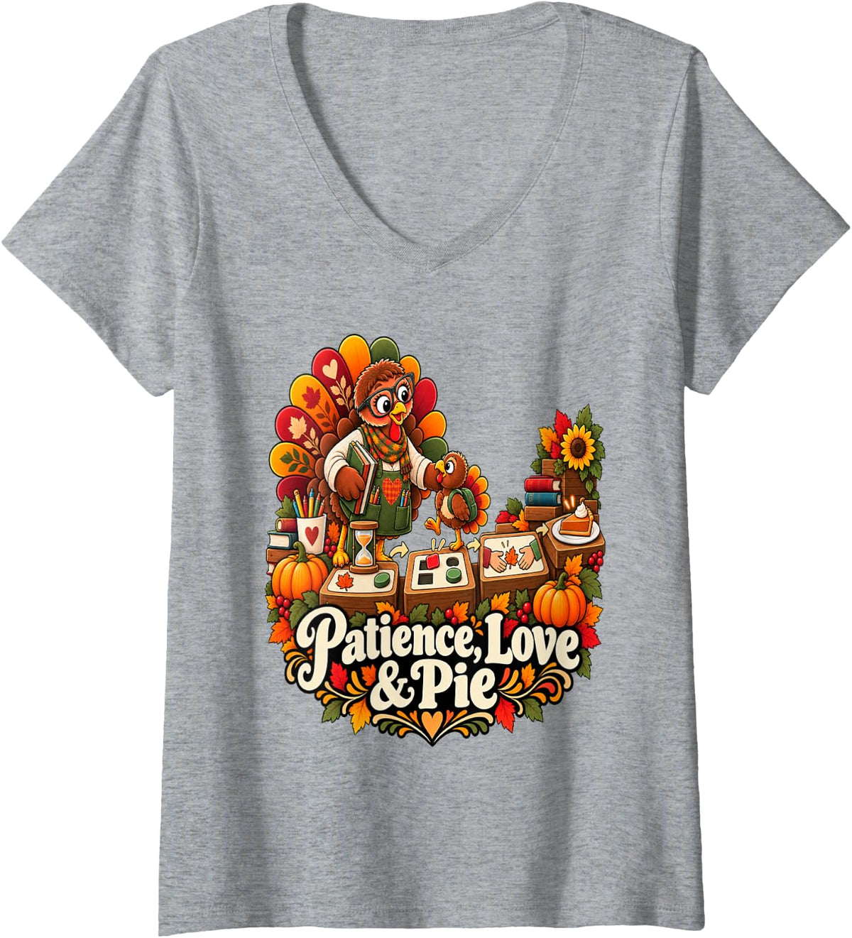 Women's Patience Love and Pie Special Education Teacher Thanksgiving V-Neck T-Shirt - Heather Grey