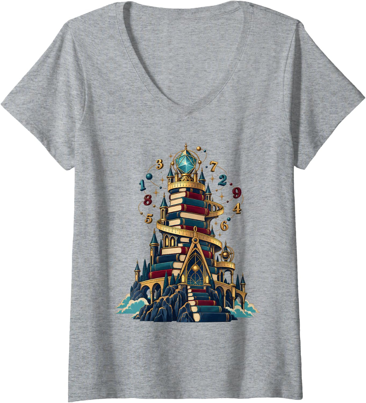 Women's Mathematics Book Tower Math Wizard Geometry V-Neck T-Shirt - Heather Grey