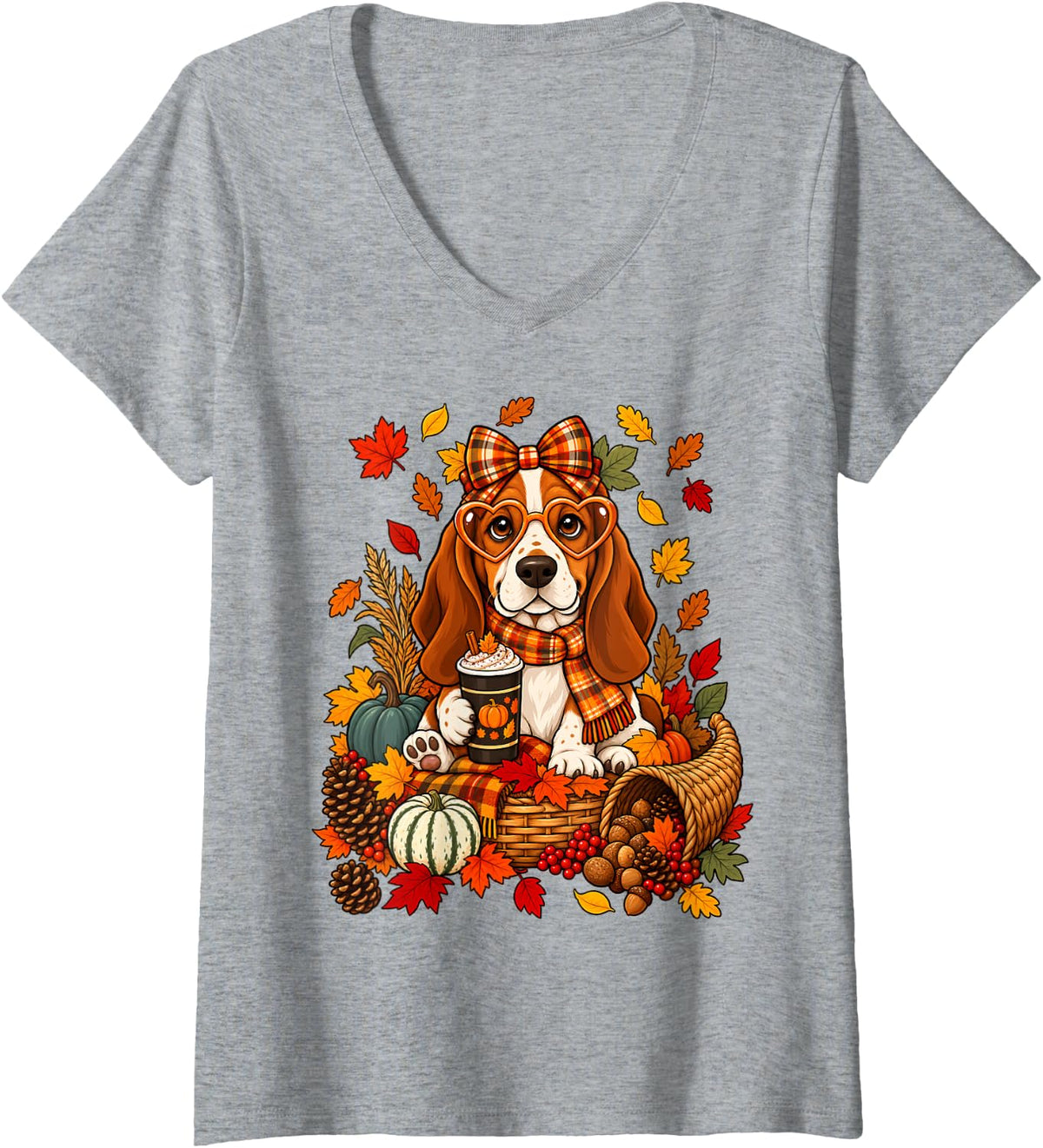 Women's Coquette Bow Basset Hound Dog Pumpkin Spice Thanksgiving V-Neck T-Shirt - Heather Grey