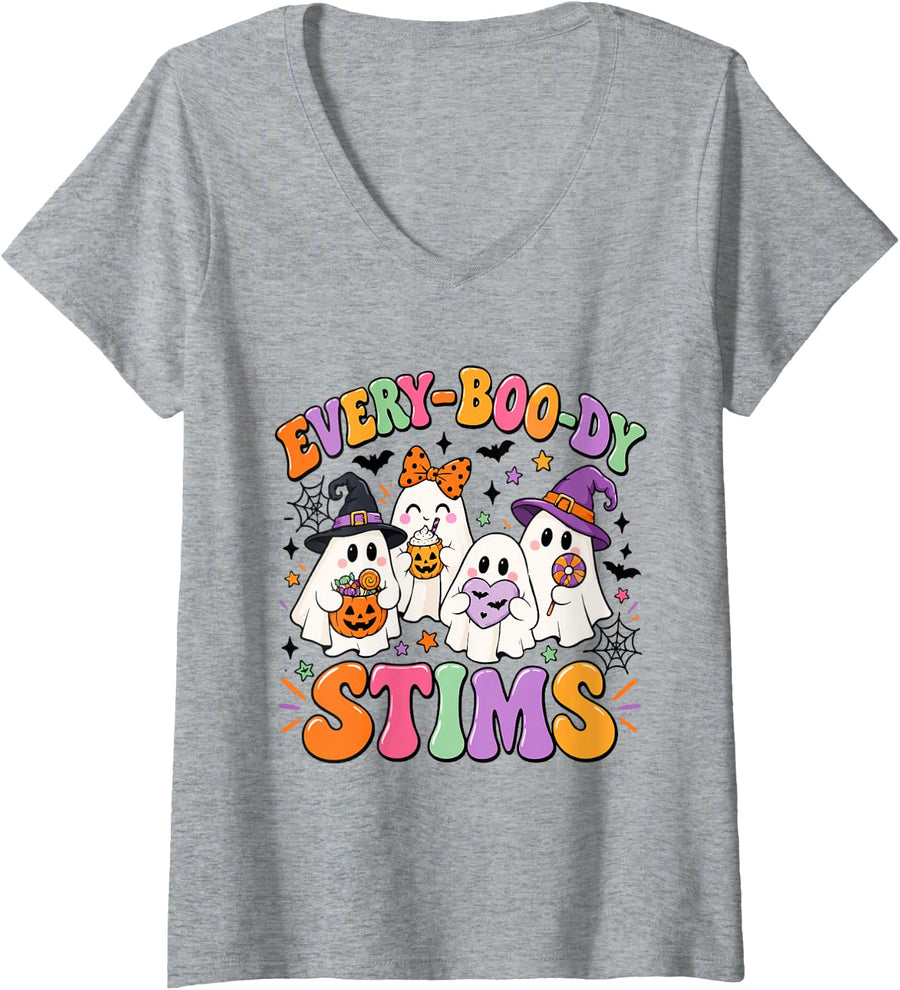 Women's Every-Boo-Dy Stims Funny Autism Ghost Halloween Teacher V-Neck T-Shirt - Heather Grey