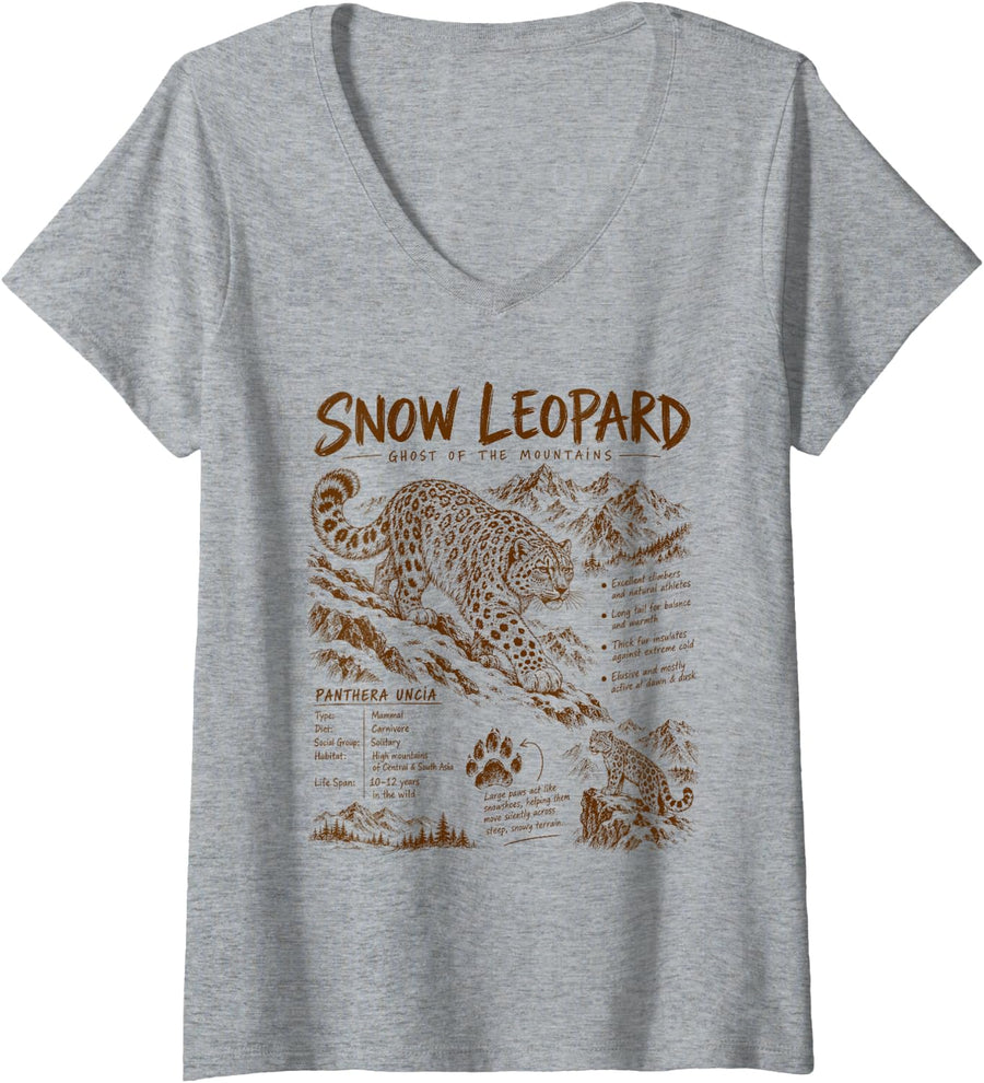 Women's Snow Leopard Lover Vintage 90s Mountain Wildlife Big Cat V-Neck T-Shirt - Heather Grey