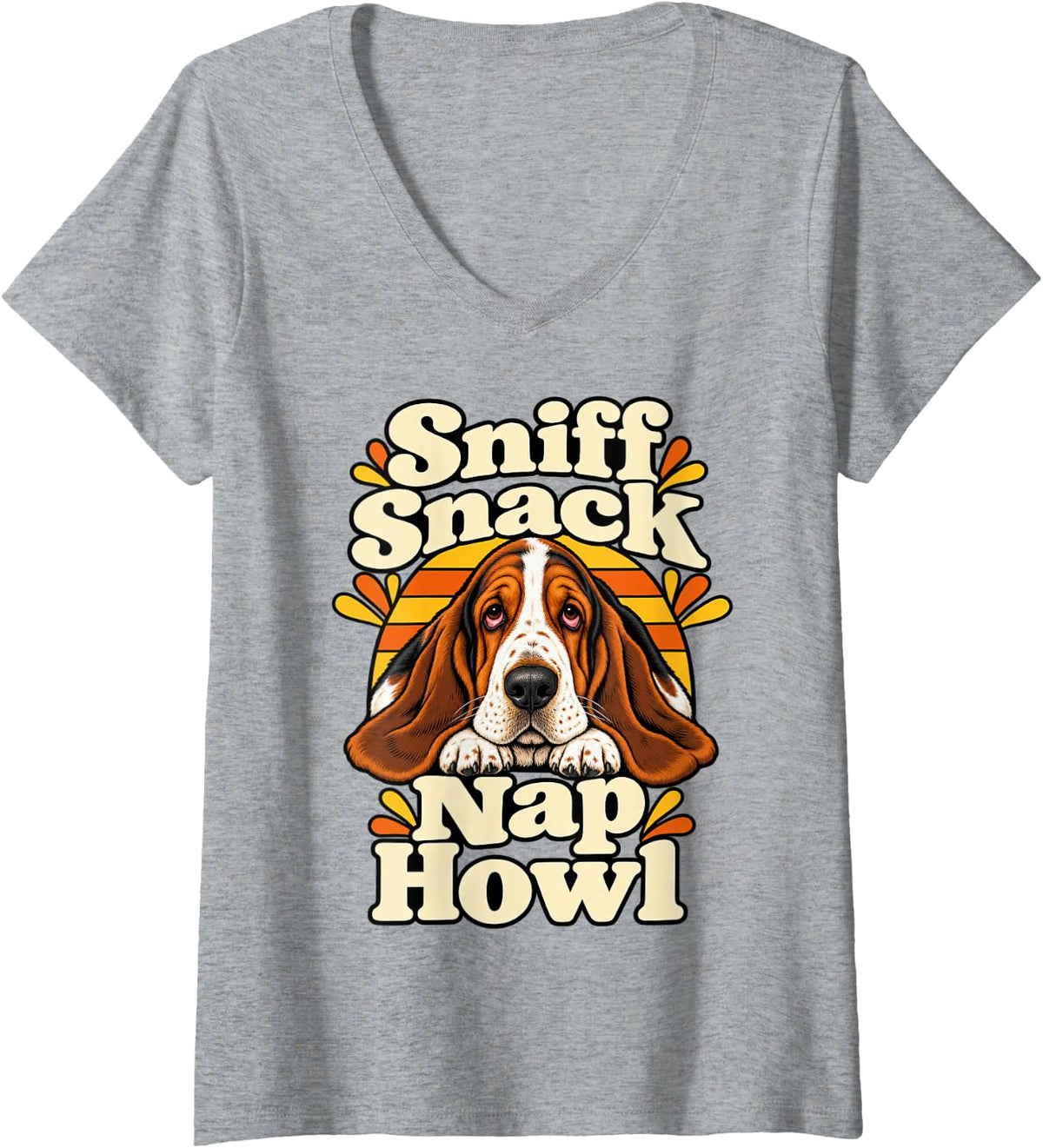 Women's Basset Hound Sniff Snack Nap Howl Owner Funny Pet Dog Lover V-Neck T-Shirt - Heather Grey