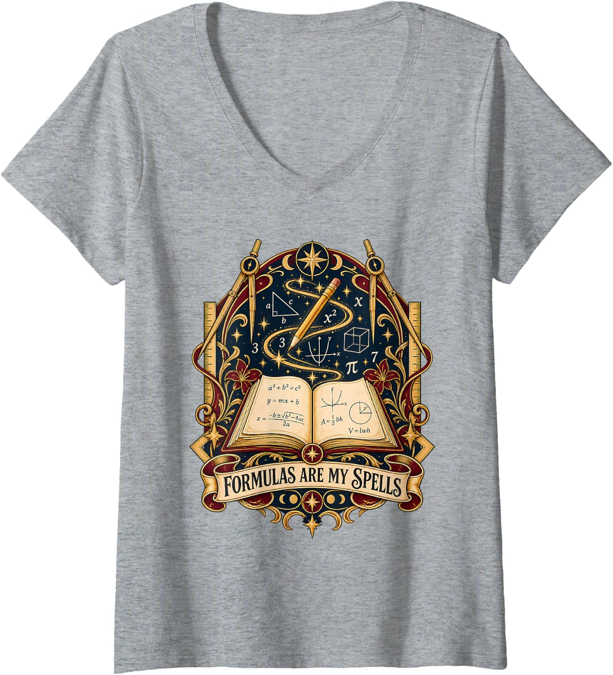 Women's Formulas are My Spells Math Wizard Geometry Algebra V-Neck T-Shirt - Heather Grey