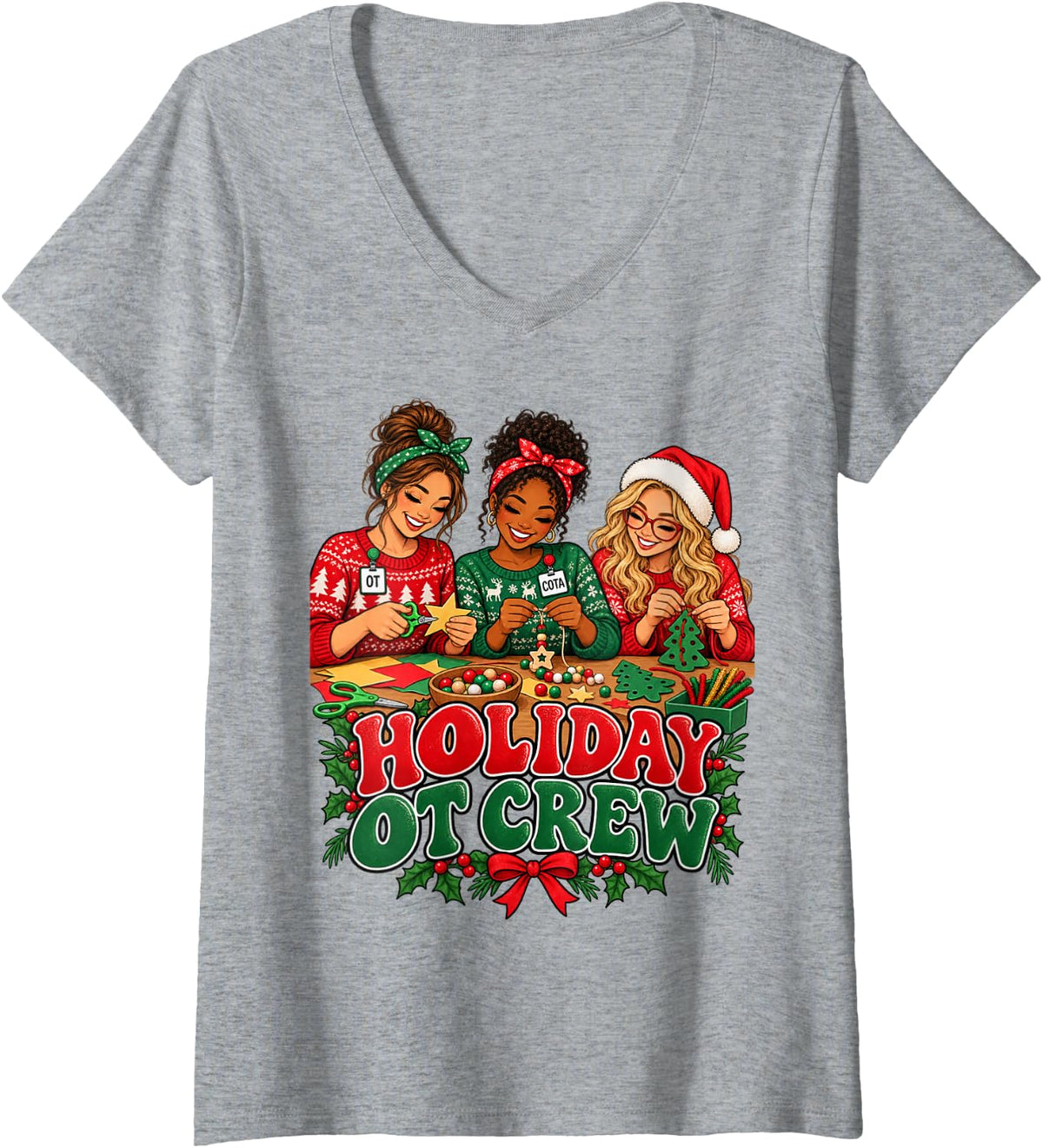 Women's Holiday OT Crew Christmas Occupational Therapy Merry Xmas V-Neck T-Shirt - Heather Grey