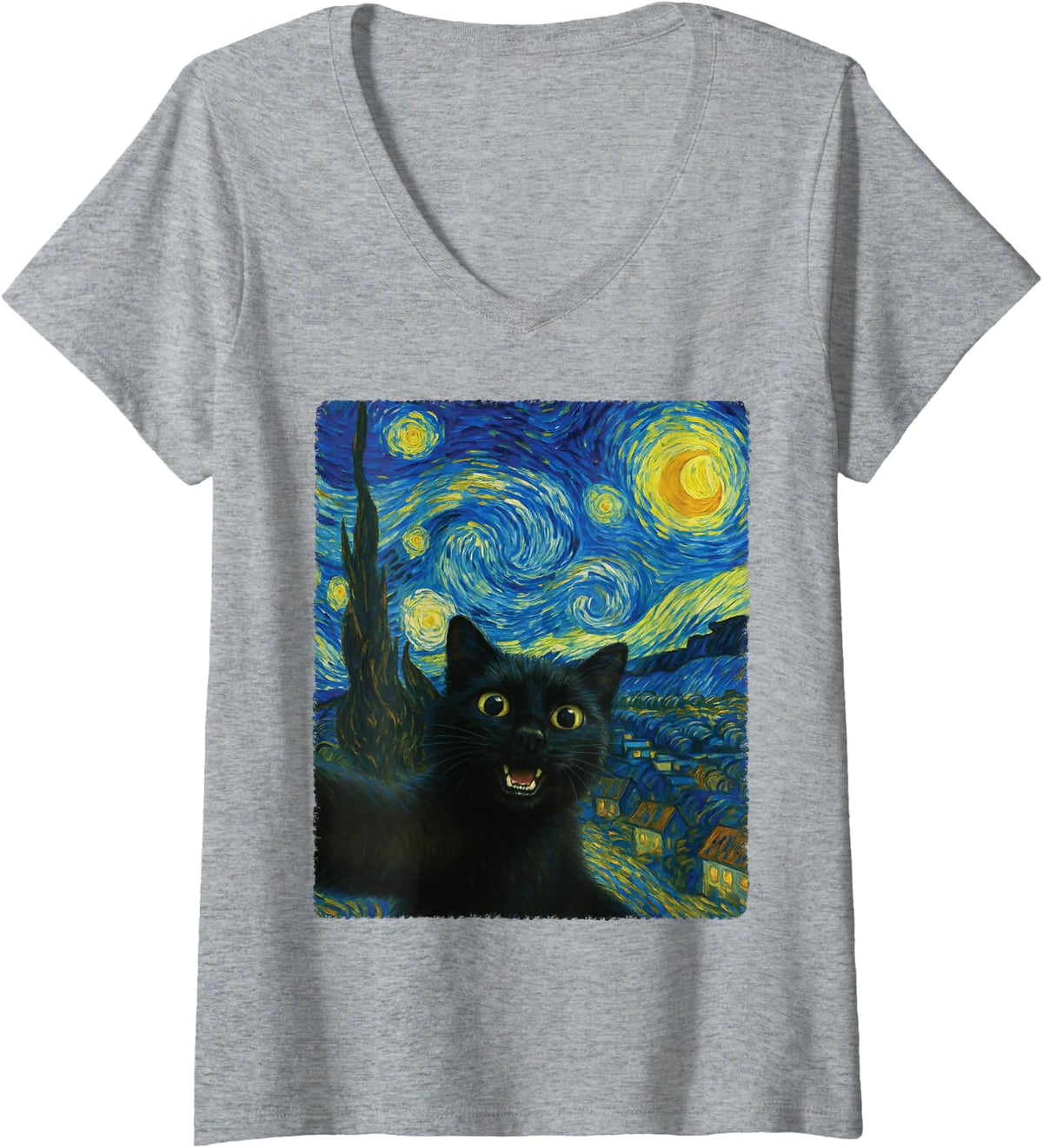 Womens Black Cat Starry Night Van Gogh Cat Selfie Cat Mom Cat Lover V-Neck T-Shirt - Heather Grey
