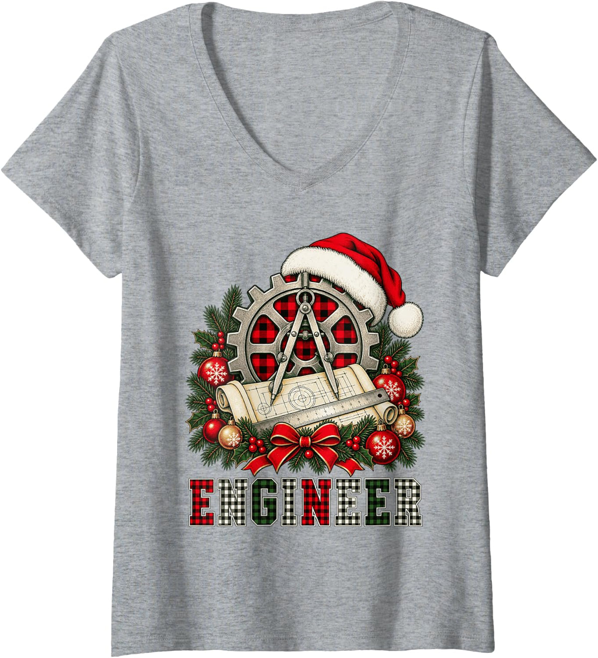 Women's Christmas Engineer Gear Drafting Tools Buffalo Plaid V-Neck T-Shirt - Heather Grey